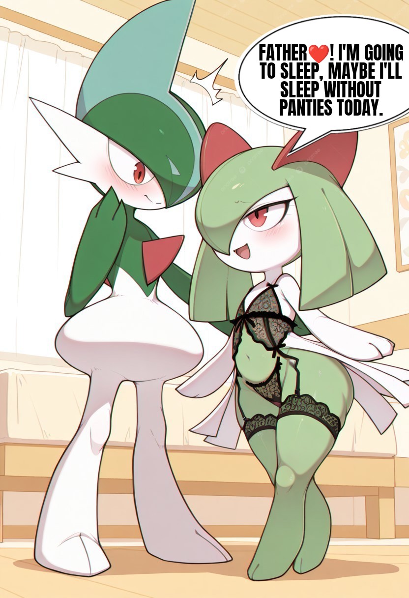 age difference, ai generated, anguirus12345, ass, big ass, big butt, black lingerie, blush, daughter, dialogue, duo, english text, father, father and daughter, female, gallade, genitals, happy, heart, hi res, humanoid, kirlia, lingerie, male, male/female, nintendo, open mouth, pokemon, pokemon (species), size difference, surprised expression, thick thighs