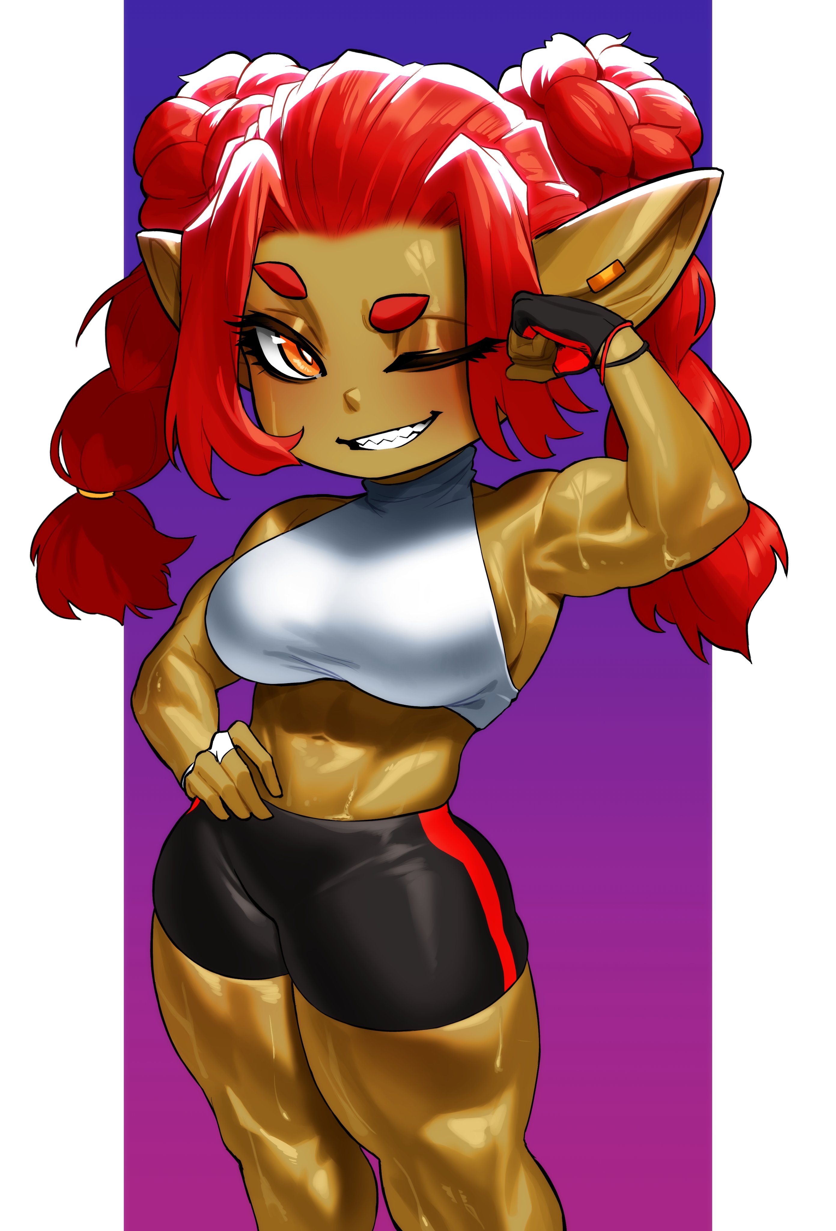 1girls, absurd res, blush, commission, ear piercing, eyelashes, female, female only, fingerless gloves, flexing, flexing bicep, gloves, goblin, goblin female, green skin, grin, grinning at viewer, hand on hip, looking at viewer, muscles, muscular, muscular female, orange eyes, piercing, pointy ears, red hair, red highlights, sharp teeth, short shorts, smile, smiling at viewer, solo, sotcho, sports top, sportswear, sweat, sweatdrop, sweaty body, sweaty muscles, twin braids, twintails, wink, winking, winking at viewer