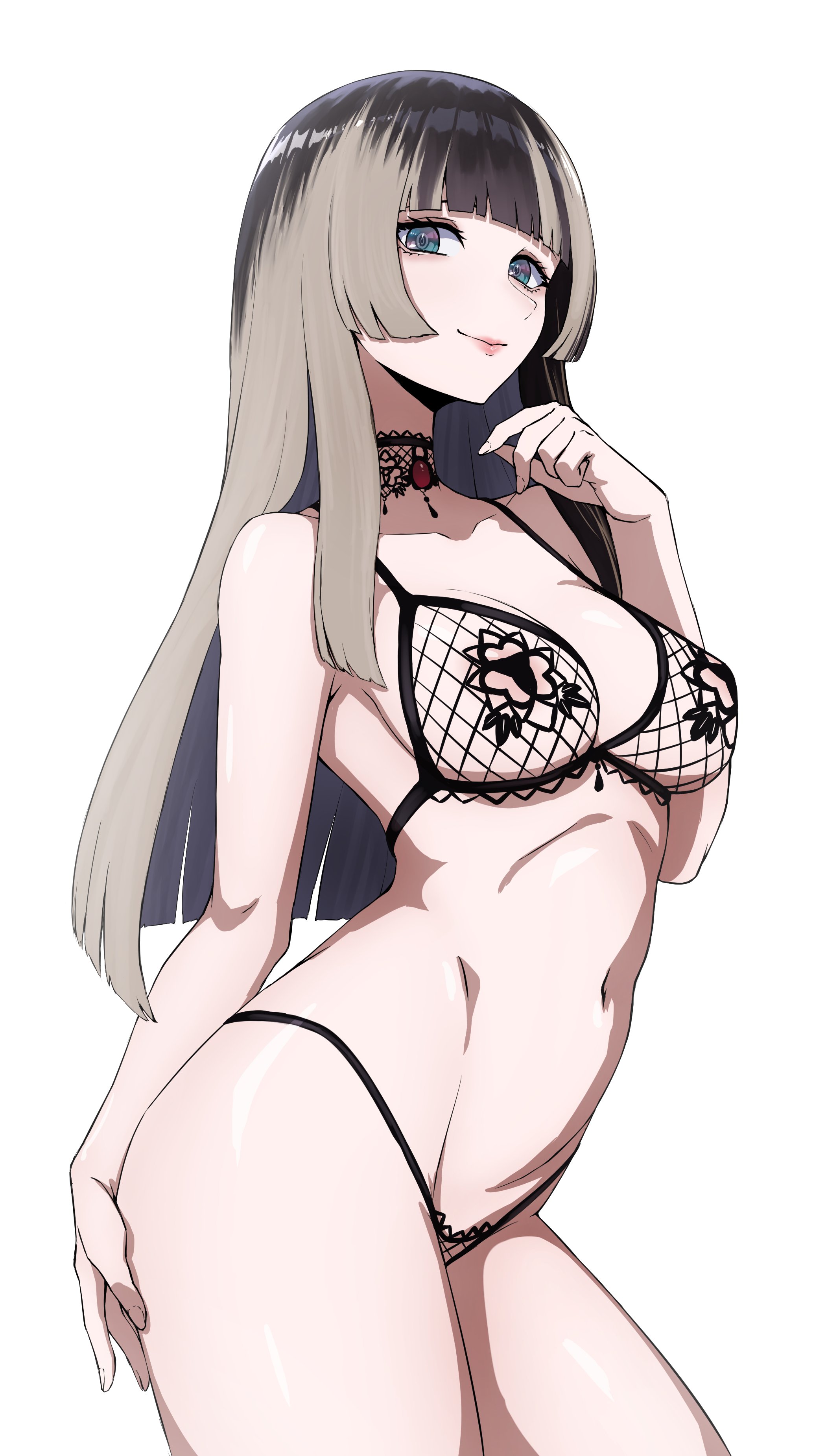 areolae visible through clothing, bare legs, bitch, breasts, curvy, curvy figure, daydarion (artist), dayyo (daydarion/day-chan), female, female only, hololive, hololive dev is, hololive regloss, juufuutei raden, light skin, light-skinned female, lingerie, lingerie bra, lingerie only, lingerie panties, medium breasts, necklace, nipple bulge, nipples visible through clothing, tagme, thighs, two-tone hair, underwear, virtual youtuber