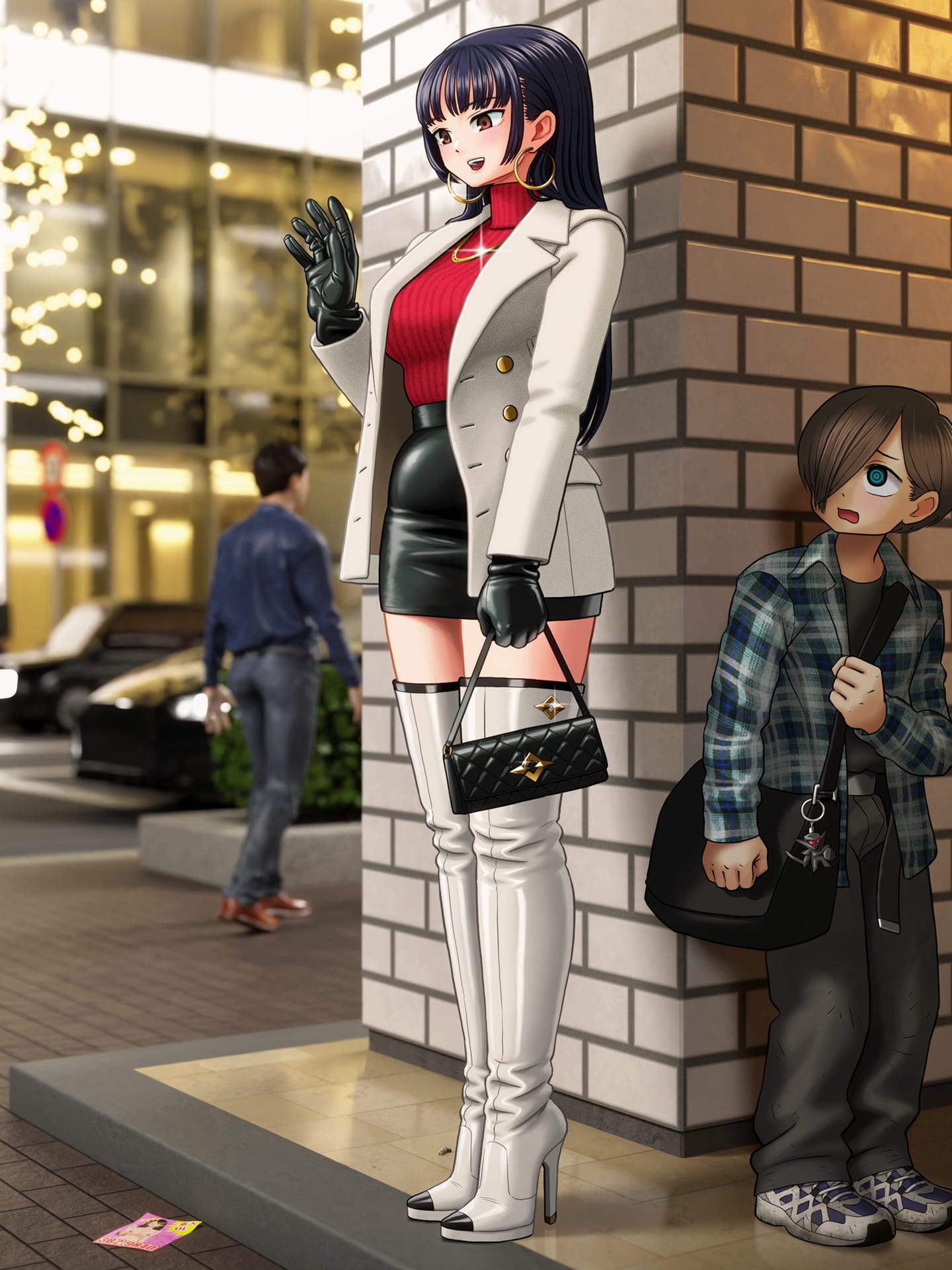 asian, asian female, big breasts, blush, boku no kokoro no yabai yatsu, boot fetish, boots, breasts, busty, canon couple, coat, couple, cute, enkaboots, fashion, fashion model, female, femdom, gloves, hair over one eye, high heel boots, high heels, ichikawa kyoutarou, jacket, jewelry, larger female, leather, leather boots, leather clothing, leather gloves, leather skirt, male, nervous, purple hair, red sweater, safe, safe for work, smaller male, sweater, taller female, thick legs, thick thighs, thigh boots, thigh highs, thighhigh boots, thighhighs, thighs, tight sweater, yamada anna