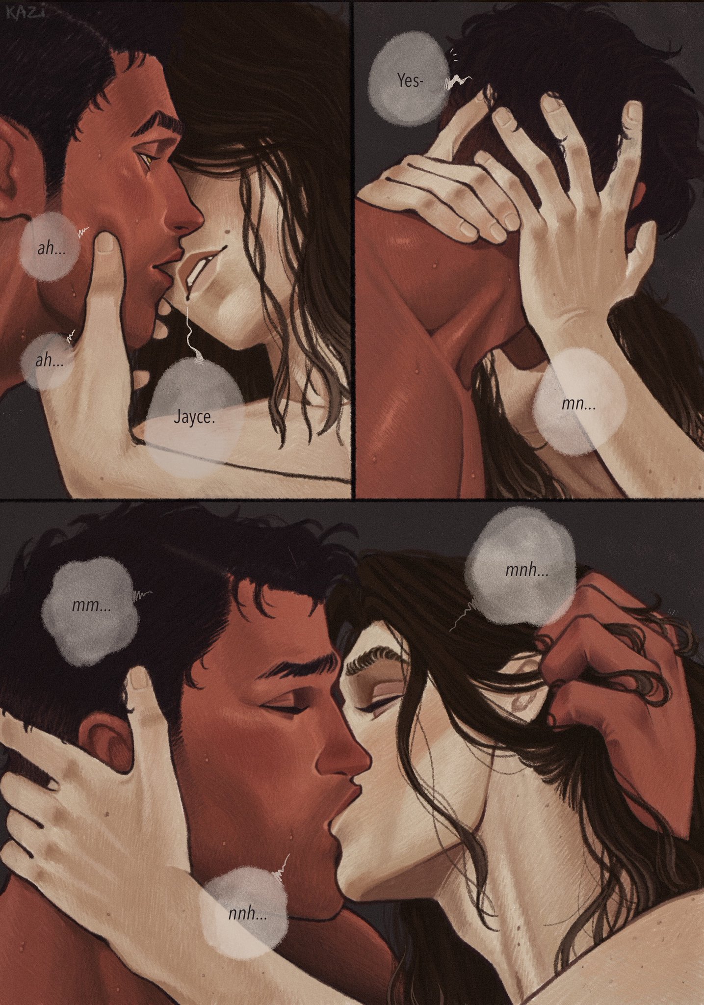 2boys, arcane, arcane jayce, arcane viktor, bedroom eyes, color, colored, comic, dialogue, gay, grabbing hair, holding face, hugging, jayce talis, kissing, male, moaning, romantic, sweat, viktor (league of legends), wildkazi