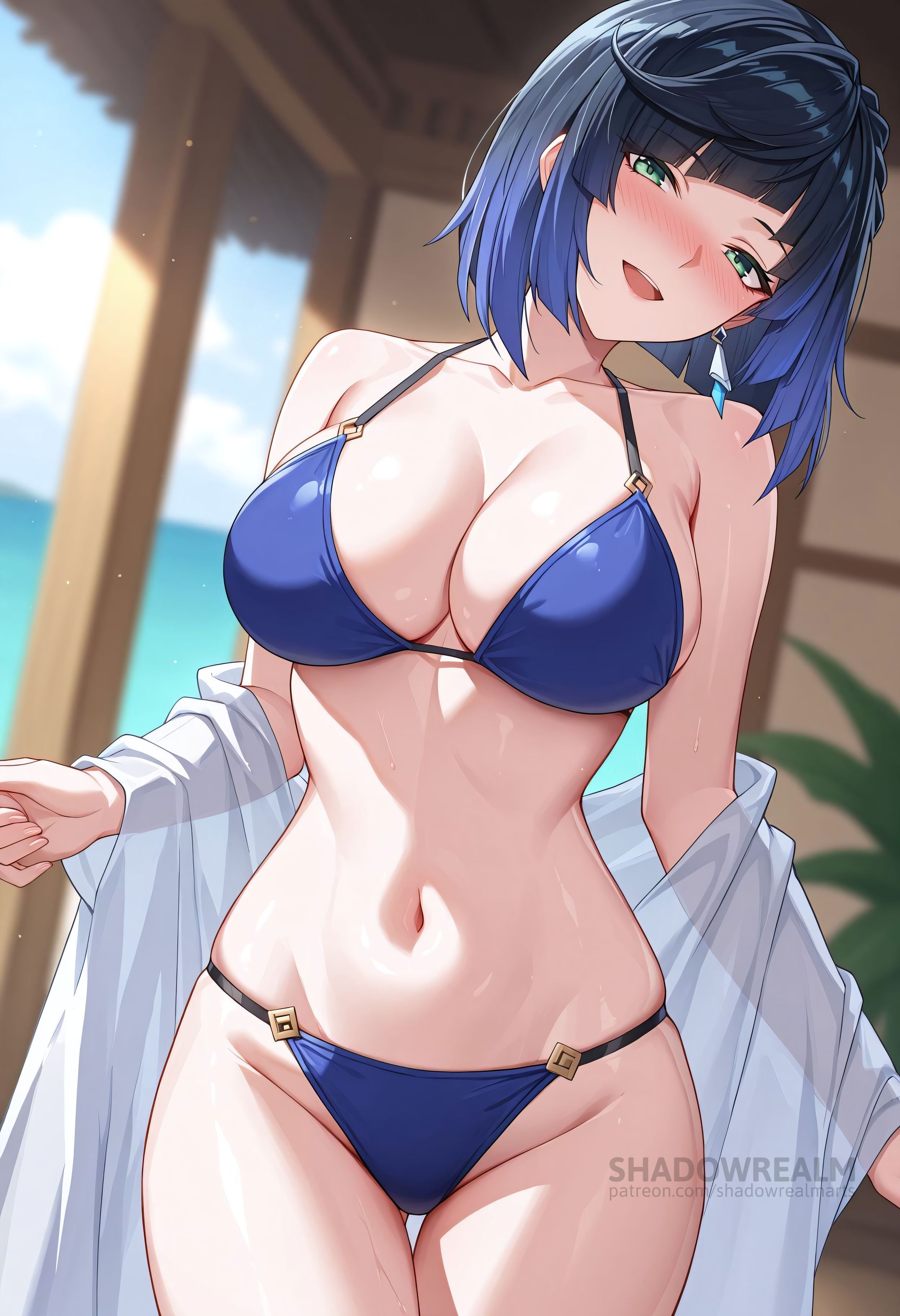 :d, ai generated, bare shoulders, bikini, black hair, blue bikini, blue hair, blue sky, blurry, blurry background, blush, bob cut, breasts, cleavage, collarbone, cowboy shot, diagonal bangs, earrings, female, genshin impact, green eyes, halterneck, jewelry, large breasts, looking at viewer, multicolored hair, navel, off shoulder, open mouth, shadowrealmarts, shirt, short hair, sky, smile, solo, stomach, swimsuit, thigh gap, thighs, uncensored, white shirt, yelan (genshin impact)