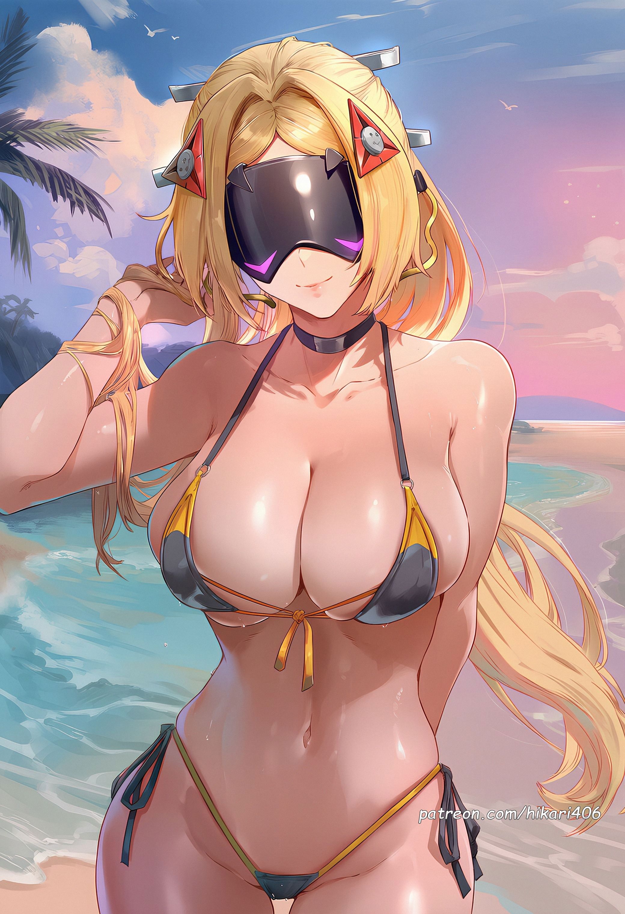 ai generated, bare shoulders, beach, bikini, black bikini, black choker, blonde hair, breasts, choker, cleavage, closed mouth, cloud, collarbone, detached hair, female, hair ornament, head-mounted display, headgear, highleg, highleg bikini, hikari406, large breasts, long hair, navel, ocean, outdoors, parted bangs, side-tie bikini bottom, sky, smile, solo, stomach, swimsuit, trigger (zenless zone zero), uncensored, very long hair, zenless zone zero