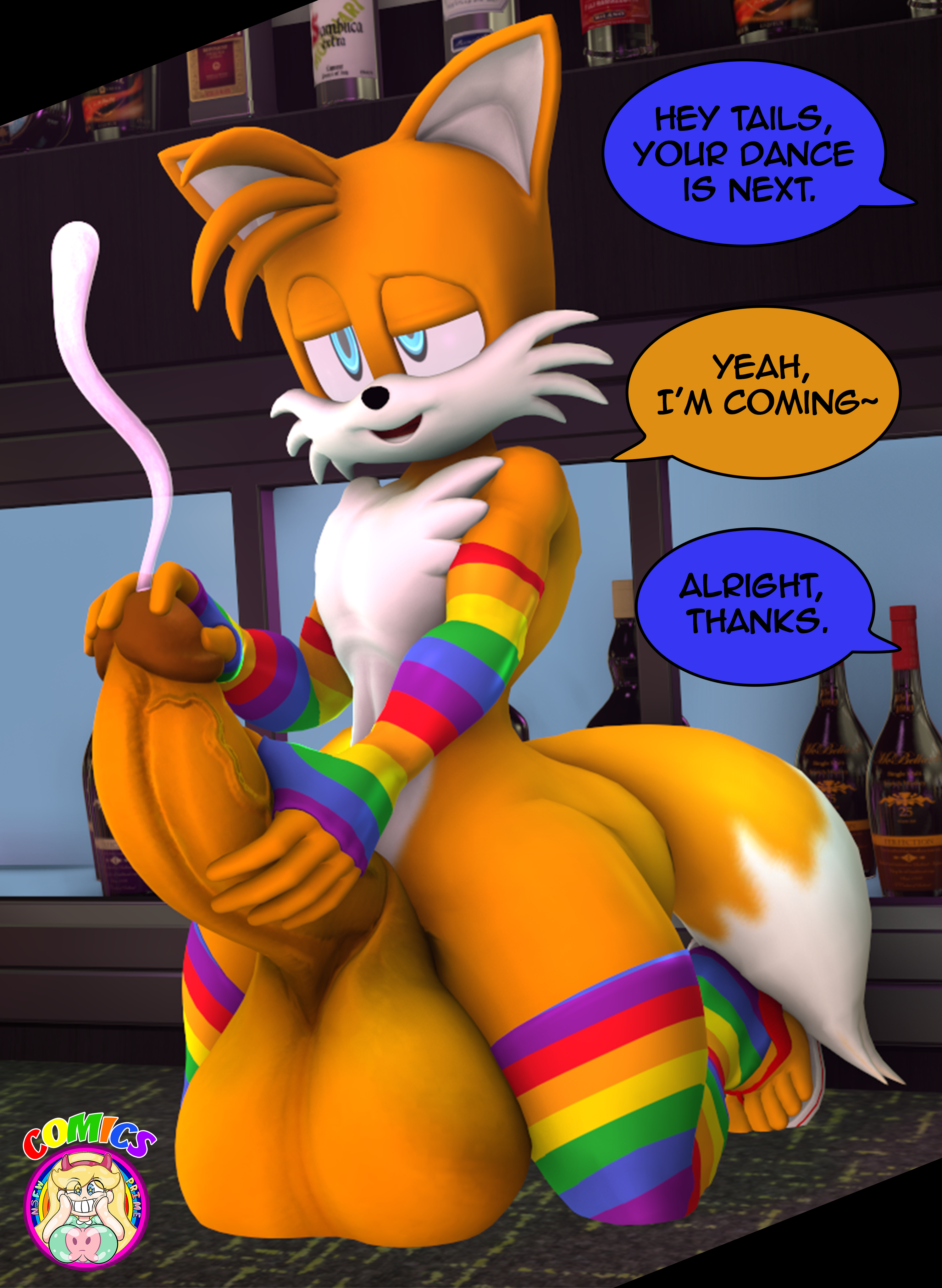 1boy, 3d, balls, big balls, big penis, comic, crossdressing, cum, femboy, gay, male, male only, masturbation, miles tails prower, patreon release, penis, rainbow, rainbow clothing, rainbow pride colors, rainbow socks, sandals, sfm, sonic (series), speech bubble, tagme, tails the fox, theashsfm, veiny penis, yaoi