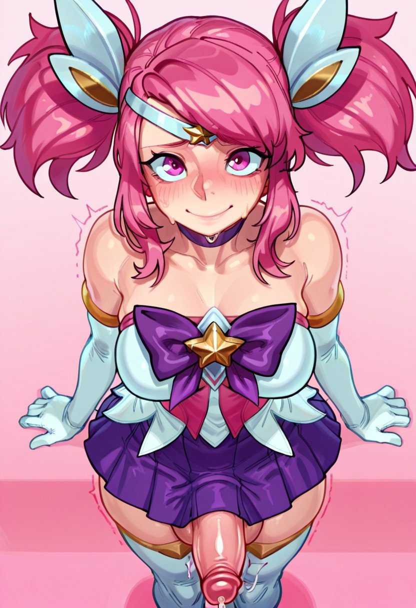 2d, ai generated, big penis, breasts, curvy, curvy figure, embarrassed, female, futa only, futanari, gravure soraka, intersex, league of legends, looking at viewer, luxanna crownguard, magical girl, magical girl outfit, medium breasts, nervous smile, penis, pink hair, standing, star guardian lux, tagme