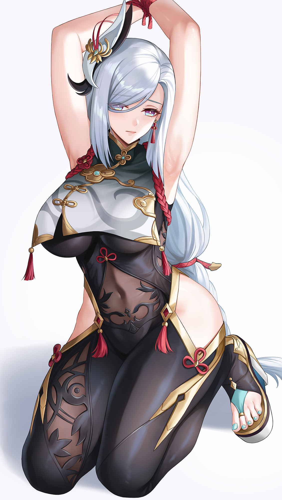1girls, big breasts, bondage, breasts, female, female only, genshin impact, light skin, light-skinned female, shenhe (genshin impact), solo, tied up, white hair