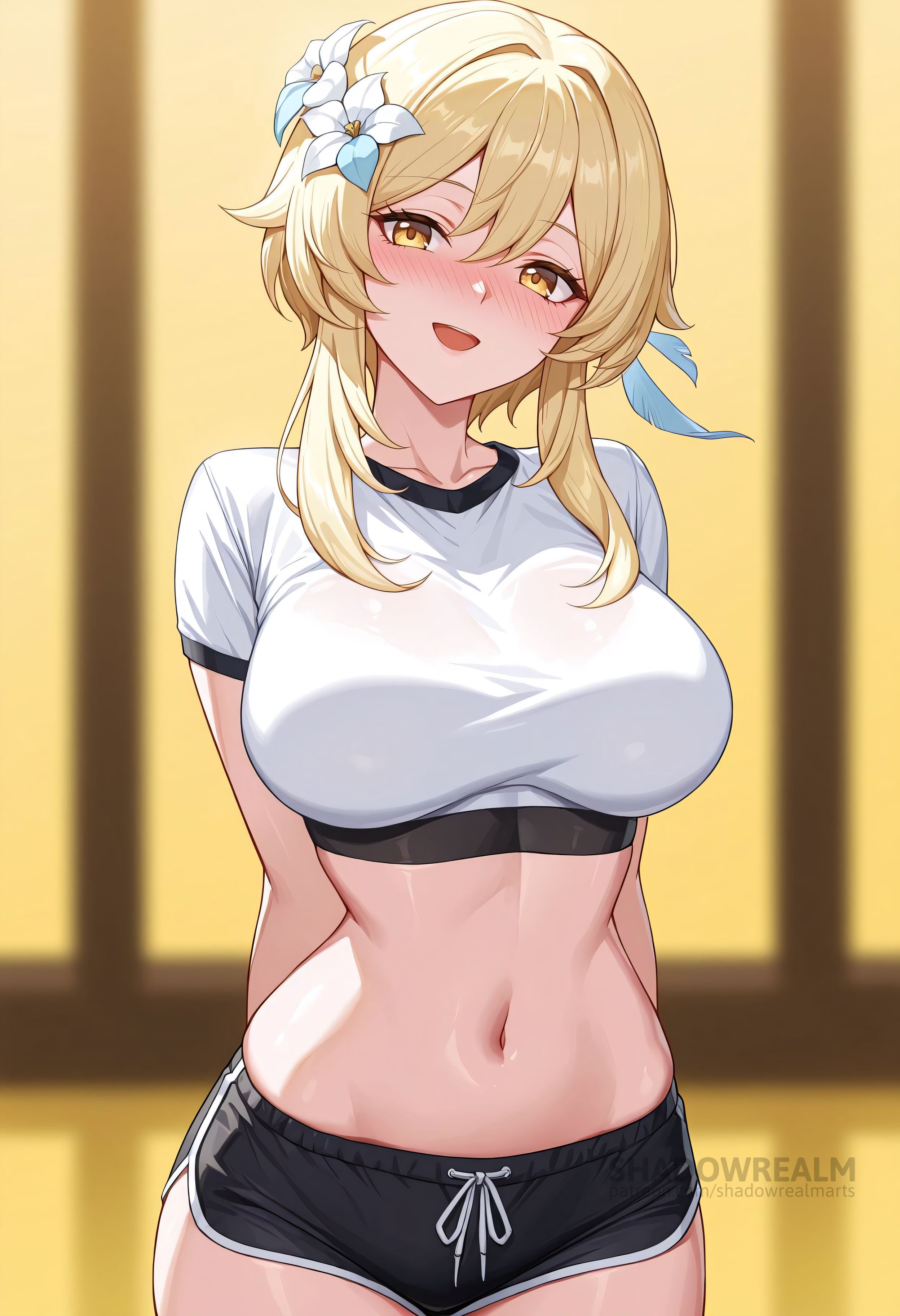 :d, ai generated, alternate costume, arms behind back, black shorts, blonde hair, blurry, blurry background, blush, breasts, cowboy shot, crop top, cropped shirt, dolphin shorts, feather hair ornament, female, flower, genshin impact, hair between eyes, hair flower, hair ornament, large breasts, looking at viewer, lumine (genshin impact), midriff, navel, open mouth, shadowrealmarts, shirt, short hair with long locks, short shorts, short sleeves, shorts, sidelocks, smile, solo, stomach, taut shirt, thighs, twitter username, uncensored, white flower, white shirt, yellow eyes