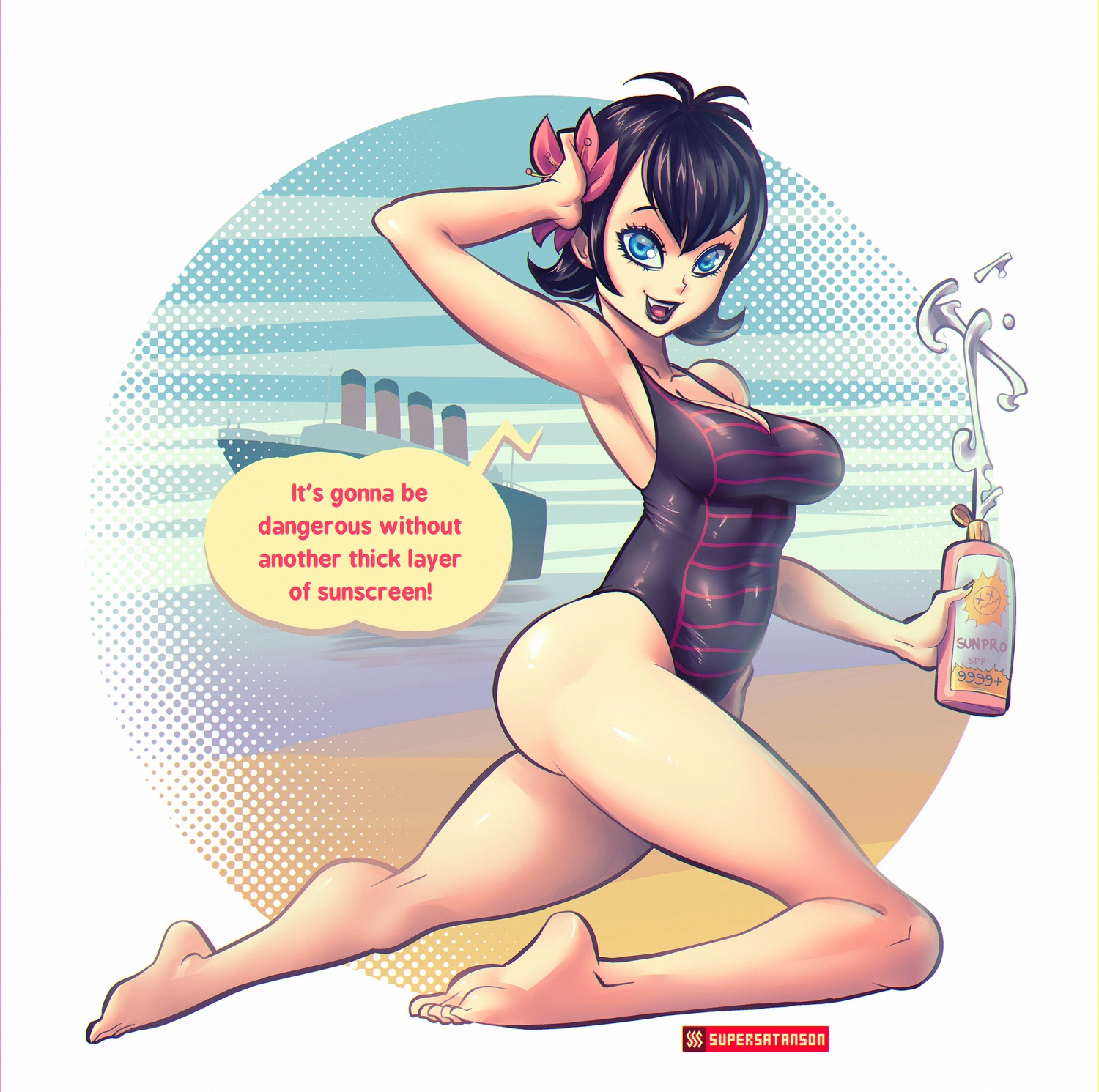 armpits, black hair, breasts, cleavage, clothing, female, female only, hotel transylvania, hotel transylvania 3: summer vacation, humanoid, mavis dracula, one-piece swimsuit, pale skin, solo, speech bubble, supersatanson, swimsuit, swimwear, text, vampire