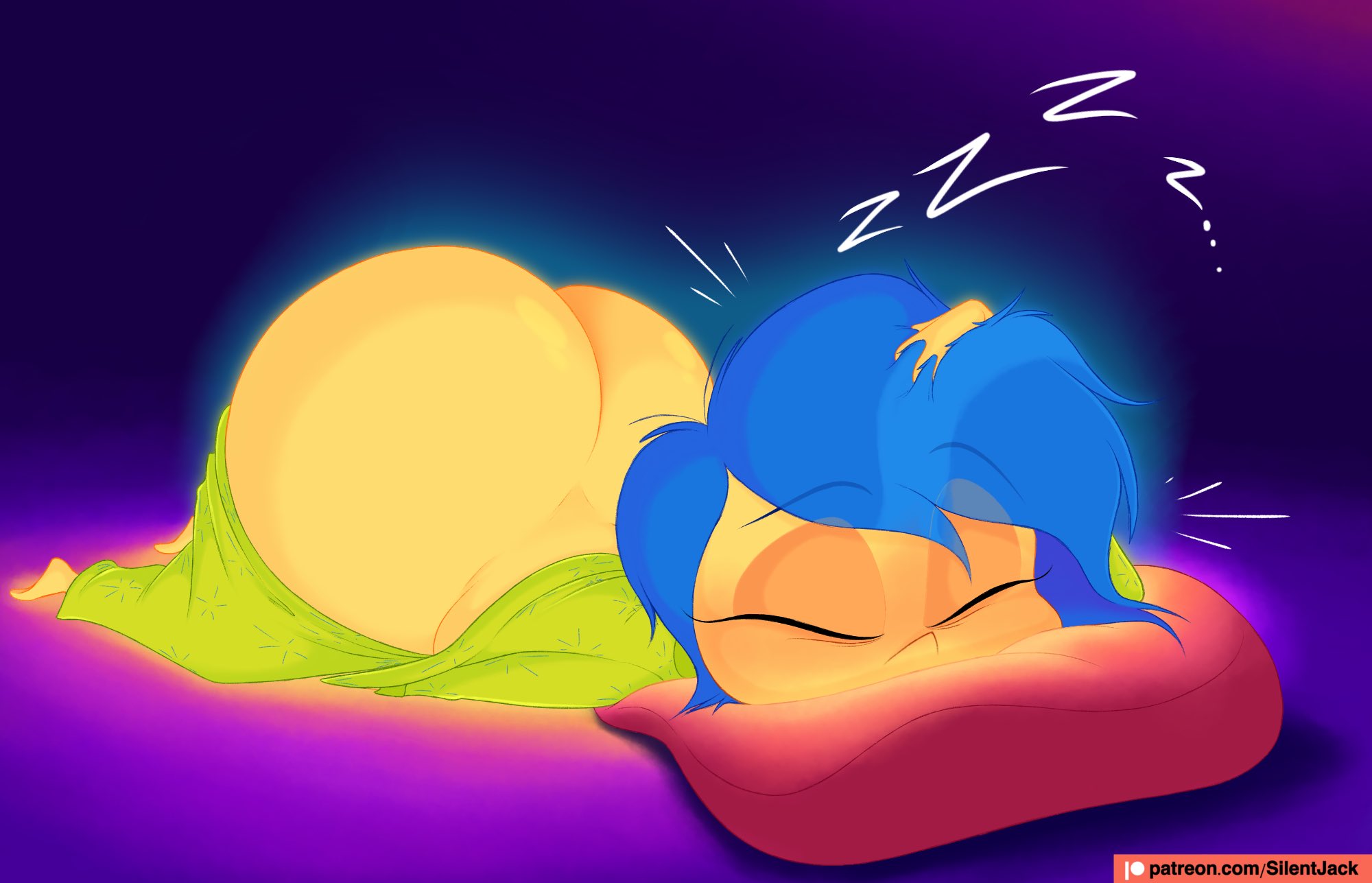 1girls, 2025, 2d, 2d (artwork), adorable, adorasexy, alternate ass size, alternate body type, ass, ass cleavage, ass crack, big ass, big butt, blue eyes, blue hair, bottom heavy, butt crack, clothed, cute, female, female focus, huge ass, huge butt, inside out, joy (inside out), jpeg, no underwear, pajamas, pillow, pixar, silentjack8, sleeping, sleepy, solo, solo female, spicyjack8, yellow body, zzz