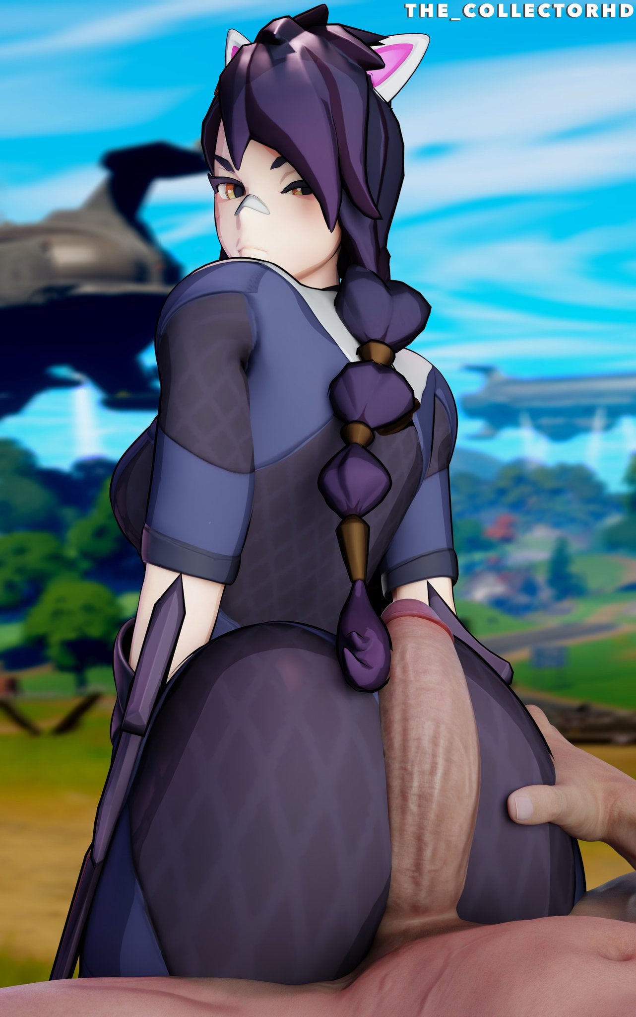 1boy, 1girls, 3d, 3d (artwork), annoyed, annoyed expression, ass, ass grab, assjob, bandage, bandage on face, bandage on nose, big ass, big breasts, big penis, black hair, black-haired female, breasts, buttjob, buttjob over clothes, cat ears, cat tail, clothed, clothed female, clothing, completely nude, erisa (fortnite), female, fortnite, frown, frowning, fully clothed, fully clothed female, grabbing ass, hourglass figure, hourglass figured female, huge ass, huge cock, looking back, looking back at viewer, male, nude, nude male, orange eyes, outdoors, outside, penis, penis on ass, ponytail, public, public nudity, scar, scar on face, straight, the collectorhd, voluptuous, voluptuous female, watermark