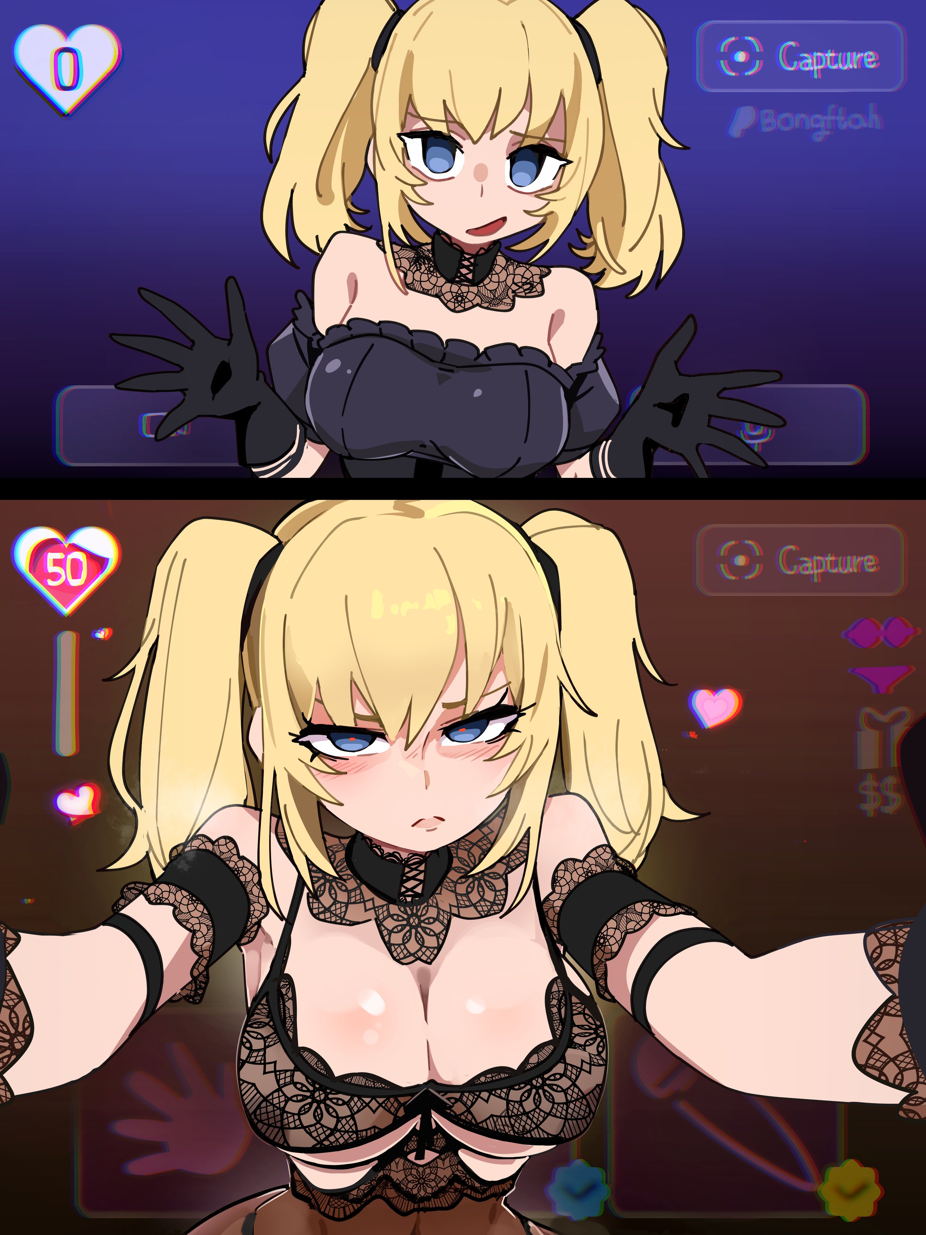 1girls, absurd res, affection meter, ani (twitter), before and after, blonde hair, blue eyes, bongfillstudent, bongftah, breasts, cleavage, female, female focus, female only, gameplay mechanics, grok (x), grok (xai), hi res, intimacy, large breasts, light skin, light-skinned female, lingerie, looking at viewer, pov, solo, twintails, twitter