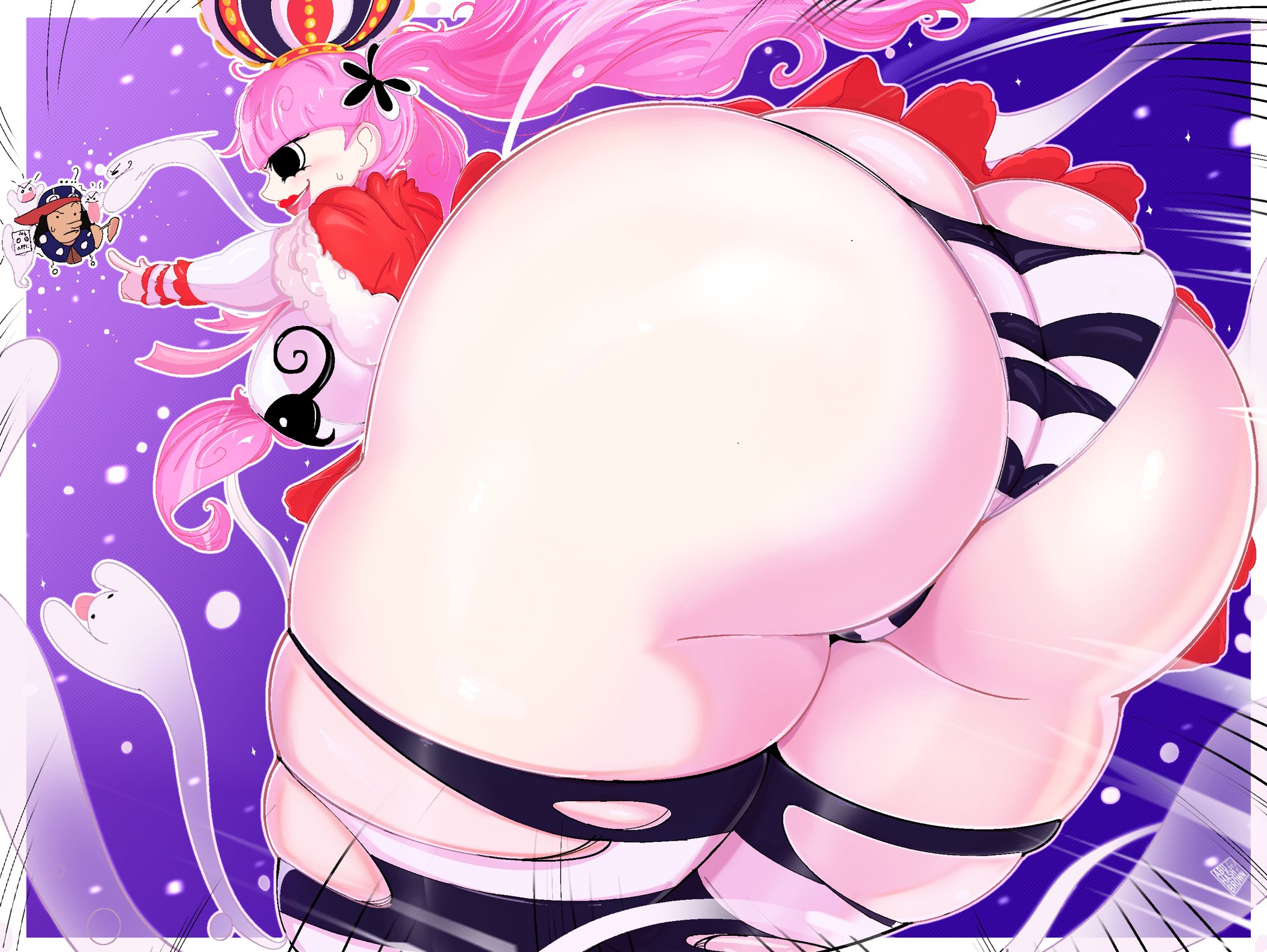 abuhashbrown, ass, ass bigger than head, ass bigger than torso, big ass, big butt, bottom heavy, bubble butt, clothing, dessert, fat ass, fat butt, female, female focus, huge ass, huge butt, large ass, large butt, looking at viewer, looking back, male, massive ass, one piece, perona, pink hair, png, solo, thick ass, thick thighs, thunder thighs, usopp, wide hips