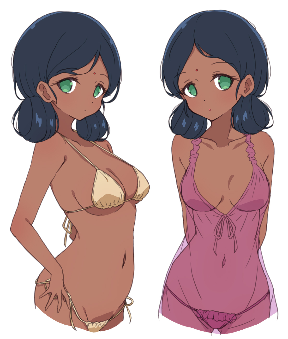 bikini, bindi, breasts, dark skin, dark-skinned female, female, green eyes, gundam, gundam gquuuuuux, indian, indian female, lalah sune, lalah sune (gquuuuuux), medium breasts, mel (melty pot), nightgown, tagme