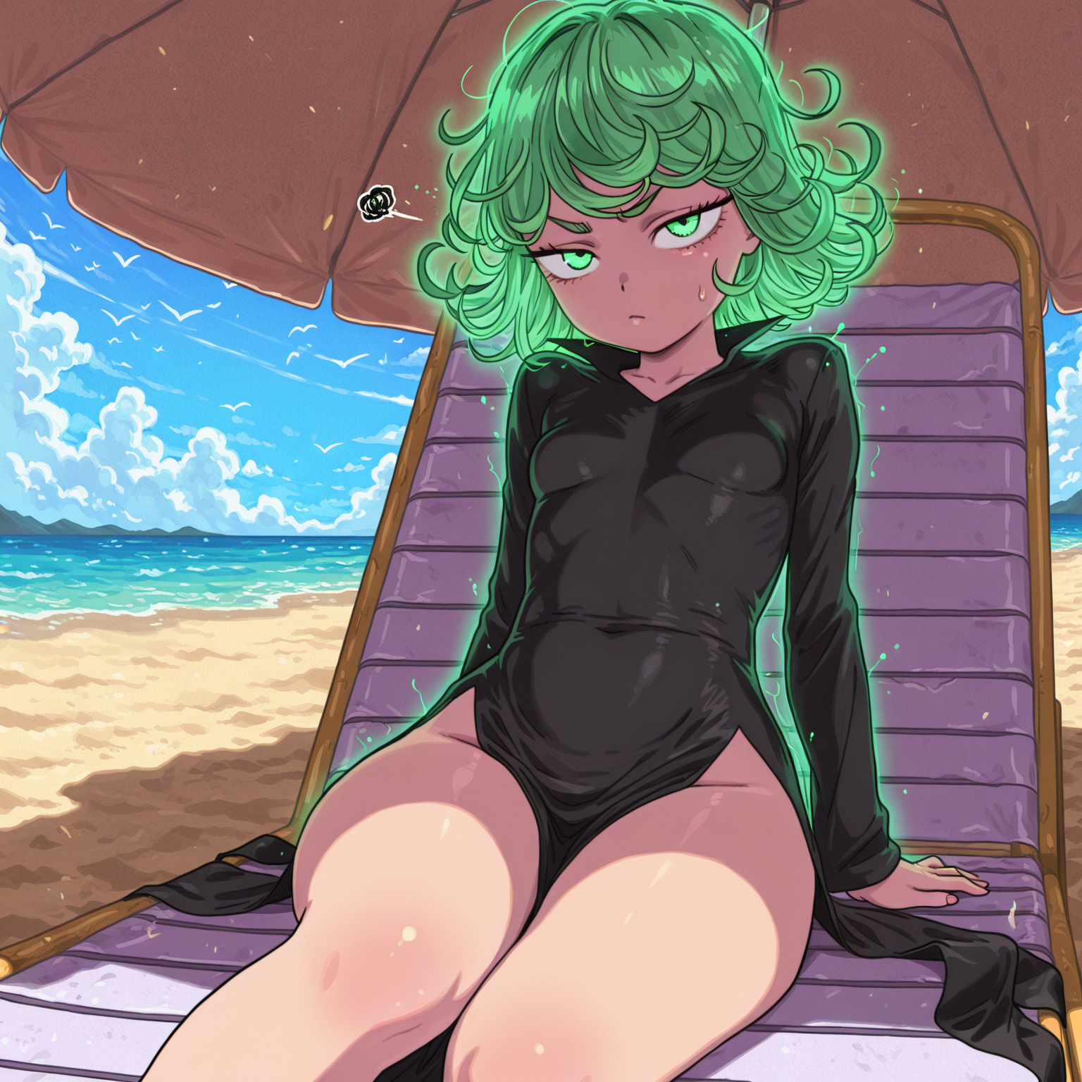 1girls, ai generated, beach, dress, female, female only, looking at viewer, ocean, one-punch man, papagaimon, sea, sitting, solo, tatsumaki, thighs
