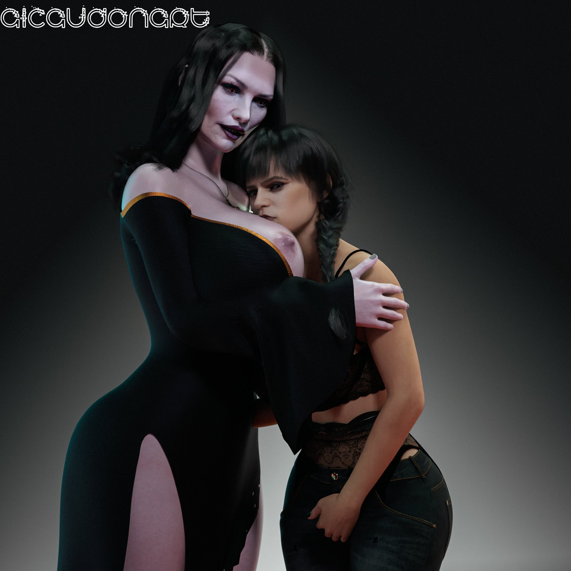 2girls, 3d, age difference, alcaudonart, alternate version at source, areolae, big breasts, black hair, breasts, female, female only, huge breasts, incest, jenna ortega, light skin, light-skinned female, mature female, milf, morticia addams, mother, mother and daughter, nipples, only female, pale skin, pale-skinned female, the addams family, wednesday (netflix), wednesday addams, yuri