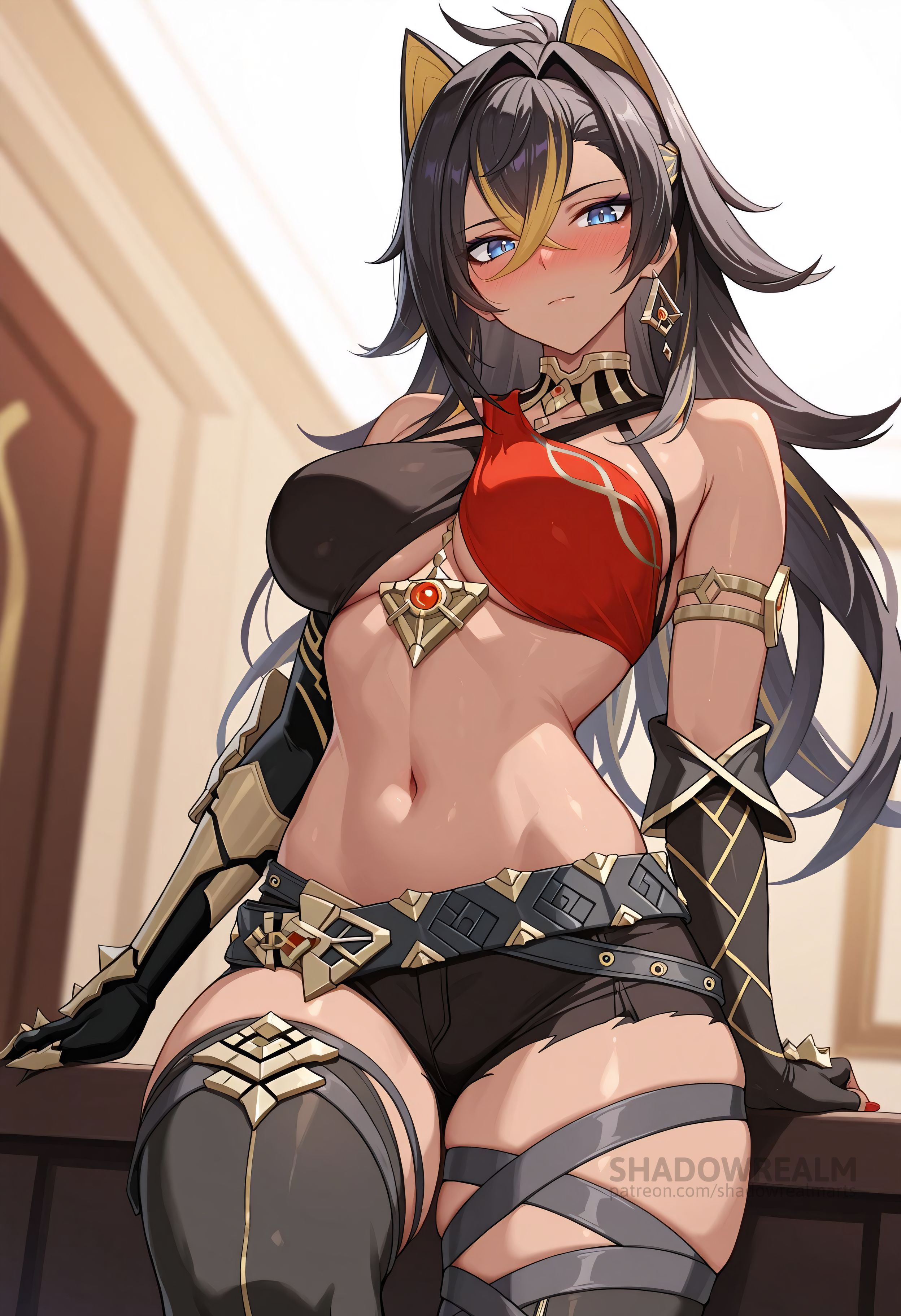 ai generated, armlet, bare shoulders, belt, black belt, black gloves, black hair, black shorts, black thighhighs, blonde hair, blue eyes, blurry background, blush, breasts, closed mouth, criss-cross halter, crossed bangs, dark skin, dark-skinned female, dehya (genshin impact), earrings, elbow gloves, female, fingerless gloves, genshin impact, gloves, hair between eyes, hair intakes, halterneck, indoors, jewelry, large breasts, long hair, looking at viewer, multicolored hair, navel, neck ring, pointy hair, shadowrealmarts, short shorts, shorts, sitting, solo, stomach, streaked hair, thigh strap, thighhighs, thighs, torn clothes, uncensored