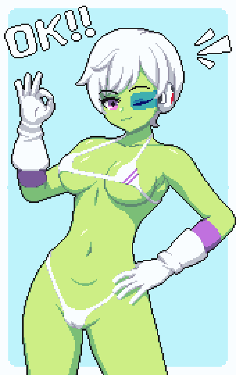 ass, big ass, big breasts, big butt, big thighs, big titties, bikini, breasts, cheelai, curvaceous, curvaceous female, curvaceous figure, curvy, curvy figure, curvy hips, dragon ball, dragon ball super, female, female focus, female only, green skin, pixel art, scouter, seiko093, short hair, tinted eyewear, white hair