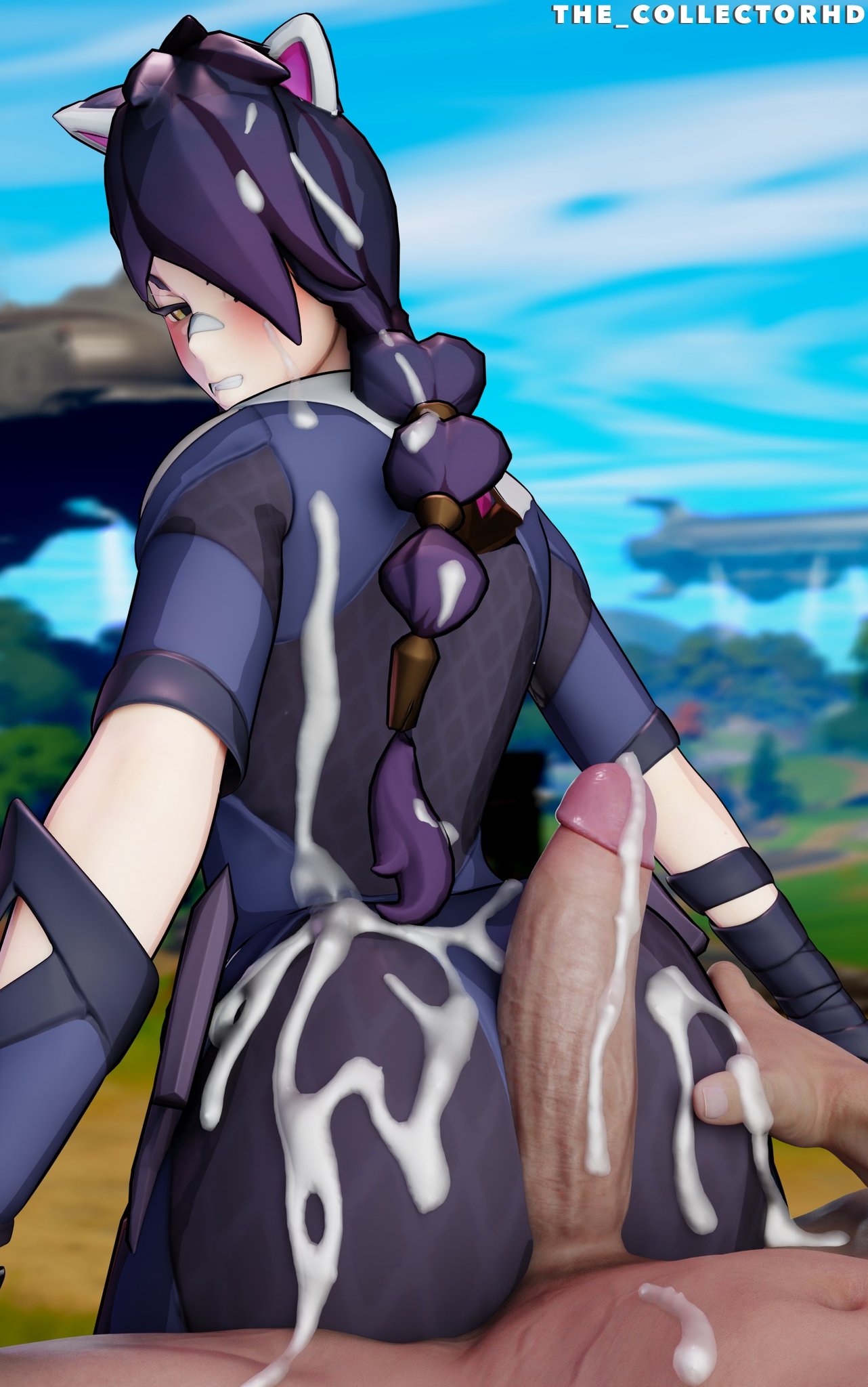 1boy, 1girls, 3d, 3d (artwork), ass, ass grab, assjob, bandage, bandage on face, bandage on nose, big ass, big breasts, big penis, black hair, black-haired female, blush, breasts, buttjob, buttjob over clothes, cat ears, cat tail, clenched teeth, clothed, clothed female, clothing, completely nude, cum drip, cum dripping, cum dripping from penis, cum in ass, cum on face, cum on hair, cum on hand, cumshot, cumshot on ass, cumshot on face, erisa (fortnite), excessive cum, female, fortnite, fully clothed, fully clothed female, grabbing ass, hourglass figure, hourglass figured female, huge ass, huge cock, looking back, looking back at penis, male, nude, nude male, orange eyes, outdoors, outside, penis, penis on ass, ponytail, public, public nudity, scar, scar on face, straight, teeth clenched, the collectorhd, voluptuous, voluptuous female, watermark
