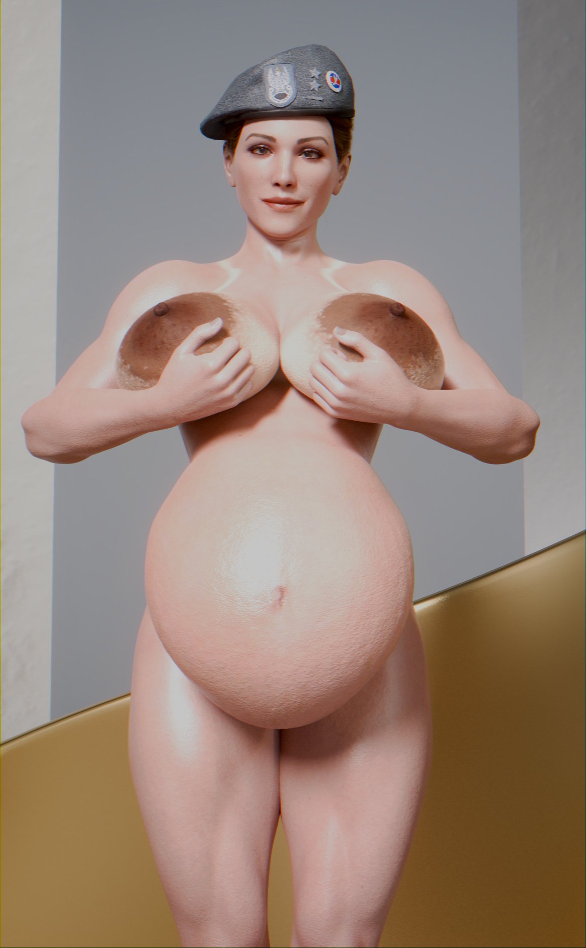 1girls, 3d, areolae, areolar amelanism, areolar melanosis, belly, beret, big belly, big breasts, breasts, brown hair, brynhildr93, dark areola, dark nipples, female, female only, front view, holding breast, huge areolae, huge belly, huge breasts, large areolae, nipples, pregnant, pregnant belly, pregnant female, rainbow six, rainbow six siege, ready to pop, short hair, solo, solo female, stretch marks, tanline, ubisoft, zofia (rainbow six)