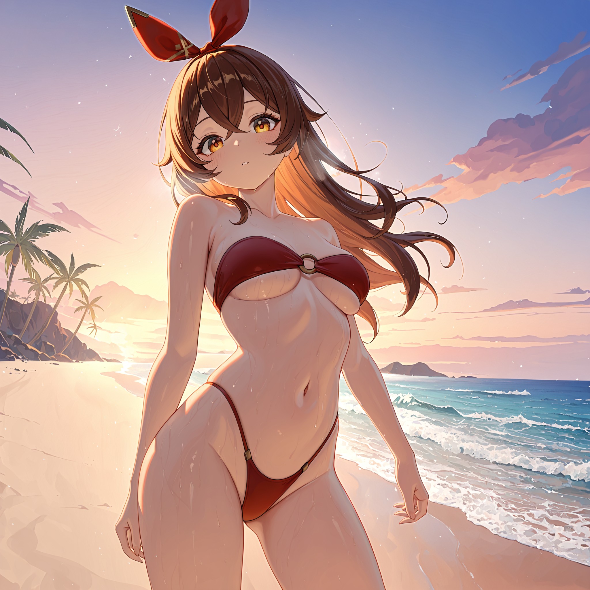 ai generated, amber (genshin impact), ass visible through thighs, bandeau, bare arms, bare shoulders, beach, bikini, blush, breasts, breath, brown eyes, brown hair, cloud, collarbone, contrapposto, cowboy shot, crossed bangs, female, floating hair, genshin impact, gradient sky, groin, hair between eyes, hair ribbon, hairband, highleg, highleg bikini, long hair, looking at viewer, medium breasts, navel, o-ring, o-ring bikini, ocean, outdoors, palm tree, parted lips, red bikini, red ribbon, ribbon, sand, skindentation, sky, solo, standing, stomach, strapless, strapless bikini, sunset, swimsuit, thighs, tree, underboob, water, wet