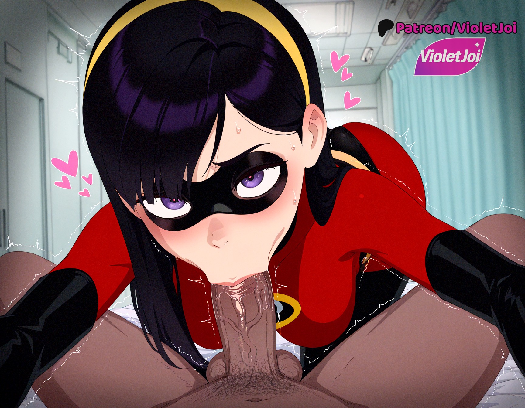 :>=, 1boy, 1girls, ai generated, all fours, balls, black bodysuit, black gloves, black hair, blush, bodysuit, breasts, cheating (relationship), clothed female nude male, curtains, dark skin, dark-skinned male, disney, domino mask, elbow gloves, erection, fellatio, female, gloves, hairband, heart, indoors, interracial, latex, latex bodysuit, latex gloves, long hair, looking at viewer, male, male pubic hair, mask, netorare, nude, oral, penis, pixar, pov, pov crotch, pubic hair, purple eyes, purple hair, red bodysuit, solo focus, straight, superhero, sweat, swept bangs, testicles, the incredibles, the incredibles 2, trembling, twitching penis, uncensored, veins, veiny penis, violet parr, violetjoi