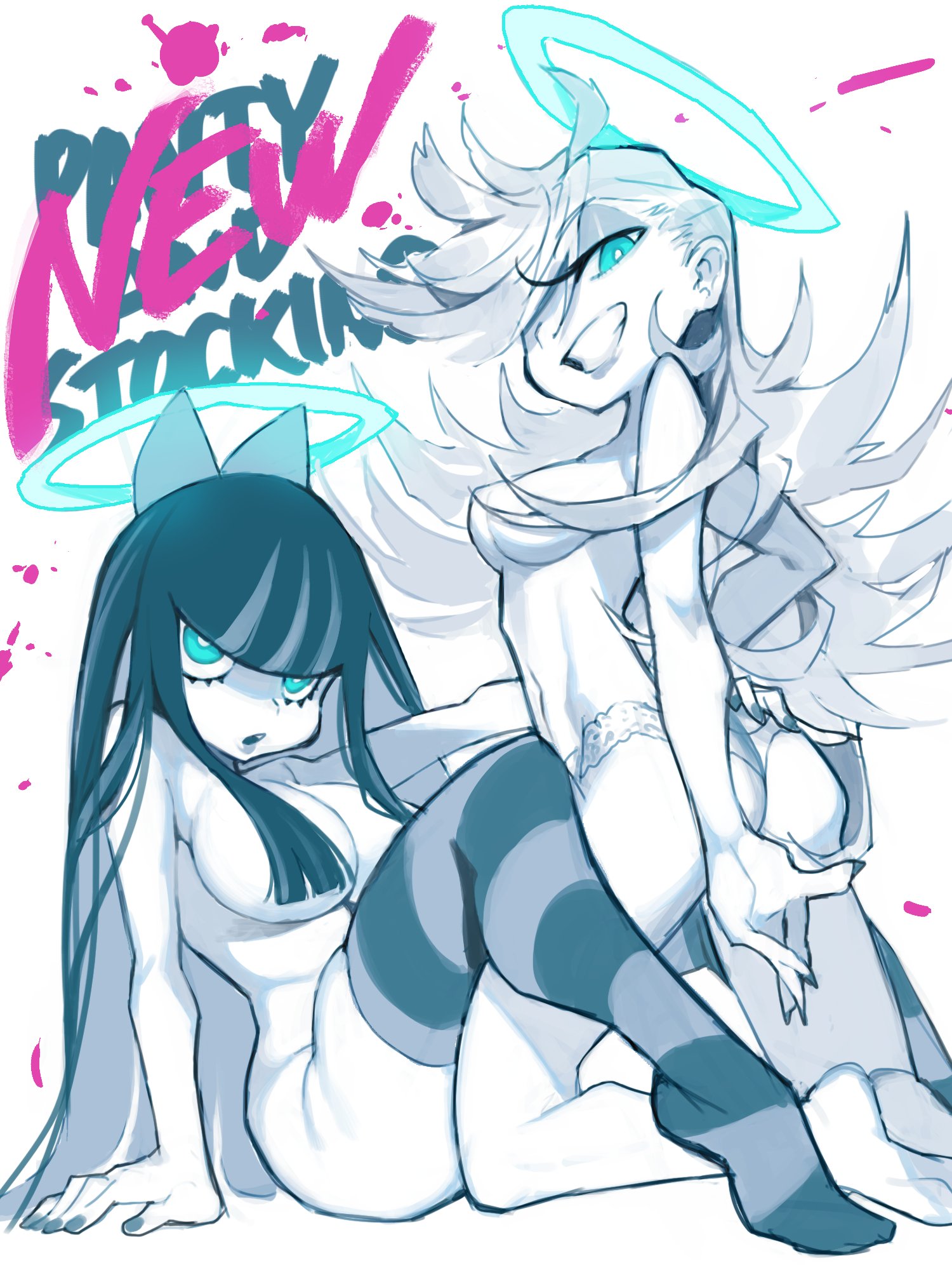 2girls, angel, big breasts, blue eyes, breasts, busty, clever censor, english text, female, hair covering breasts, halo, kaeritai07, kneeling, nearly nude, panties, panty & stocking with garterbelt, panty anarchy, perky breasts, sisters, sitting, stocking anarchy, stockings
