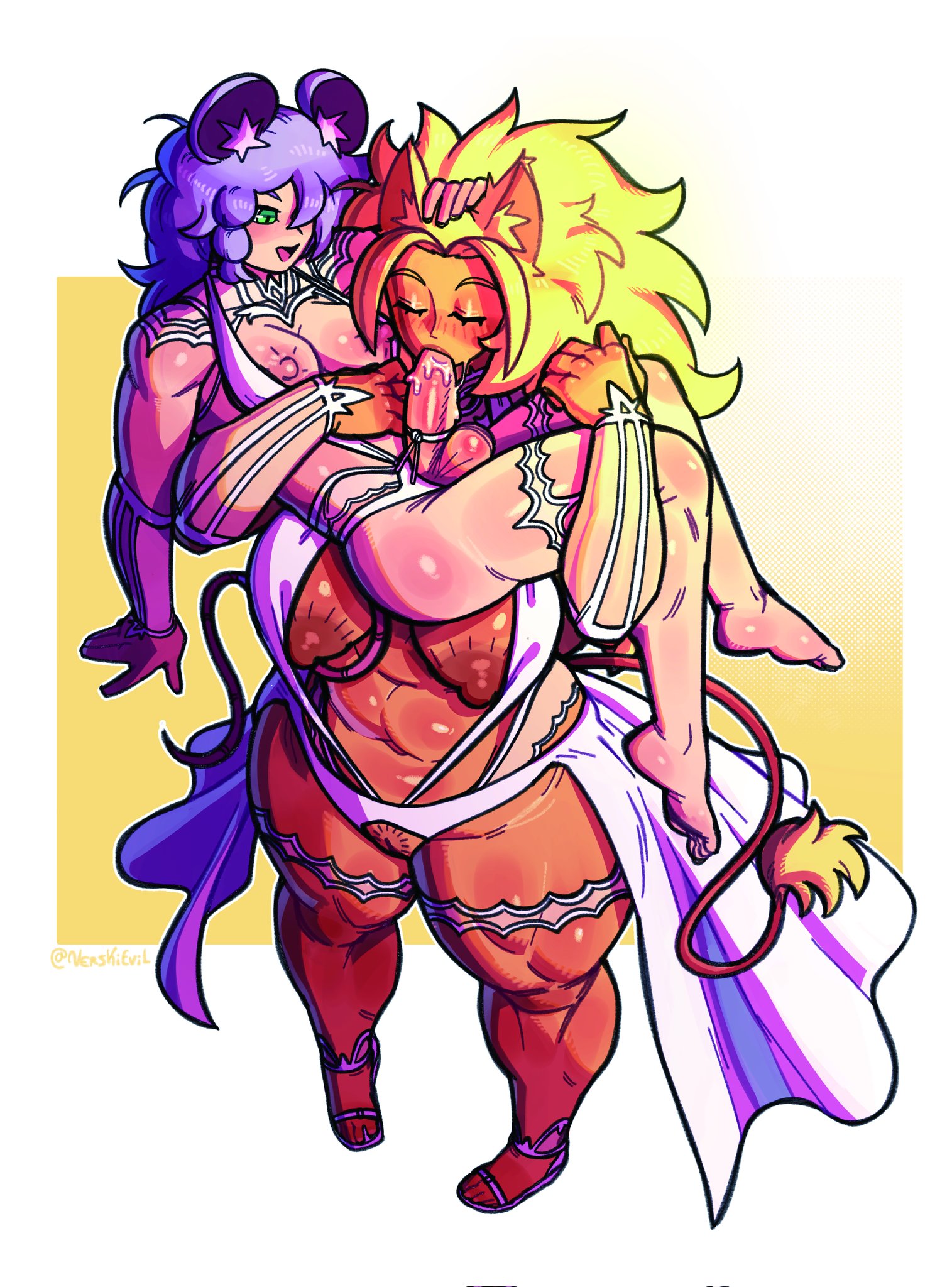 1boy, 1girls, 2025, animal ears, blowjob, blue hair, carrying, carrying another, carrying partner, closed eyes, dark nipples, female, female carrying male, female on femboy, female on male, femboy, femboysub, femdom, green eyes, hair covering eye, hair over eye, hair over one eye, kemonomimi, light skin, light-skinned femboy, light-skinned male, male, male bride, mouse boy, mouse ears, muscles, muscular, muscular arms, muscular female, muscular legs, muscular thighs, patting, patting head, penis, petting, petting head, pussy, pussy exposed, simple background, sucking, sucking penis, tail, tail tuft, tan skin, tan skinned female, vagina, verski7, wedding attire, wedding dress, yellow hair