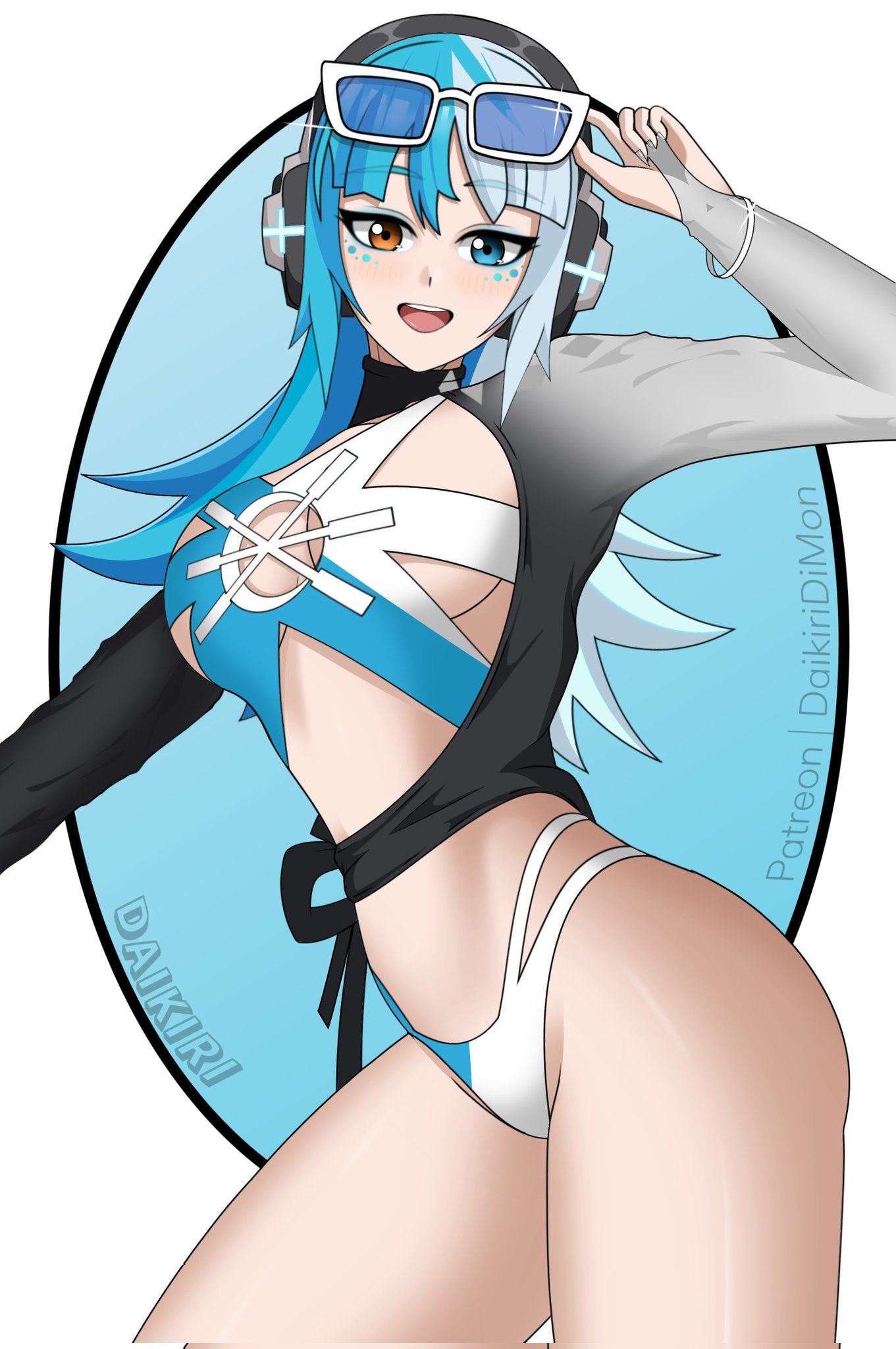 bikini, blue hair, blush, daikiri di mon, different eye color, female, happy, headphones, heterochromia, luna snow, luna snow (cool summer), luna snow (marvel rivals), marvel, marvel comics, marvel rivals, multicolored hair, patreon username, smiling, smiling at viewer, sunglasses, white hair