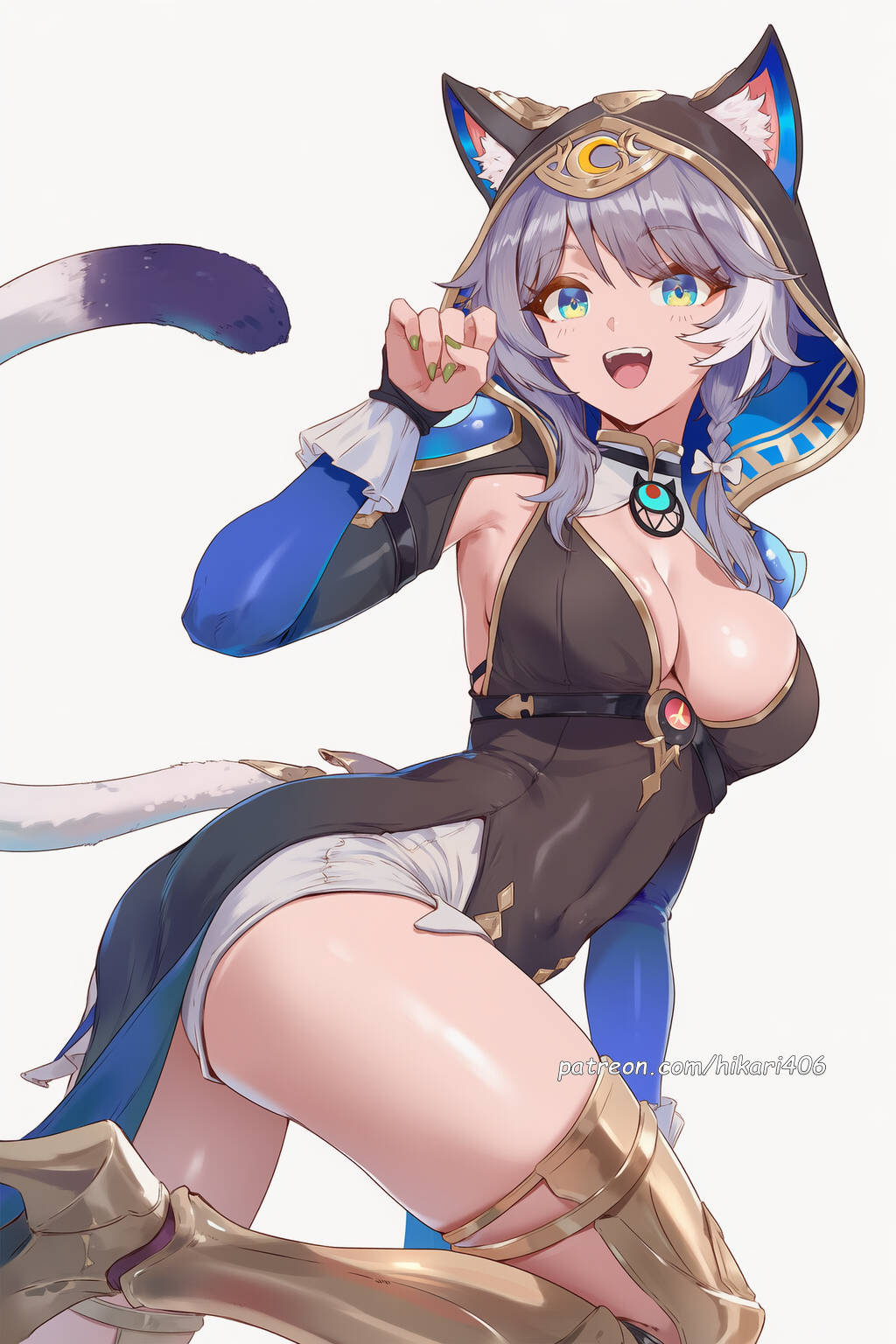 :d, ai generated, animal ears, animal hood, blue eyes, boots, braid, breasts, cat ears, cat girl, cat tail, cipher (honkai: star rail), claw pose, cleavage, covered navel, fangs, female, grey hair, hikari406, honkai: star rail, hood, hood up, large breasts, long hair, long sleeves, looking at viewer, multicolored hair, open mouth, shorts, simple background, smile, solo, tail, thighs, uncensored, white background