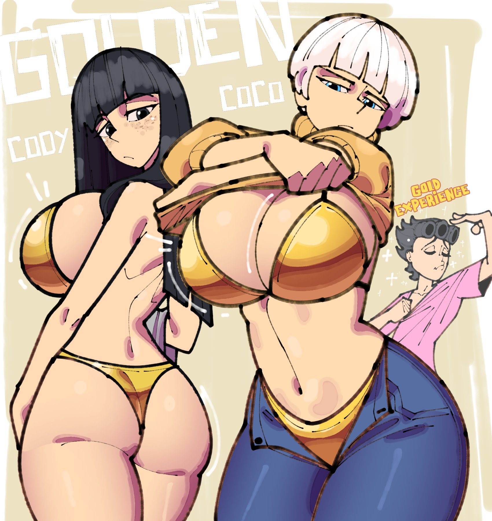1boy, 2girls, bikini, black hair, blue eyes, breasts, cleavage, cloudiel, female, giorno giovanna, gold bikini, huge breasts, jojo's bizarre adventure, large breasts, male, vento aureo, white hair