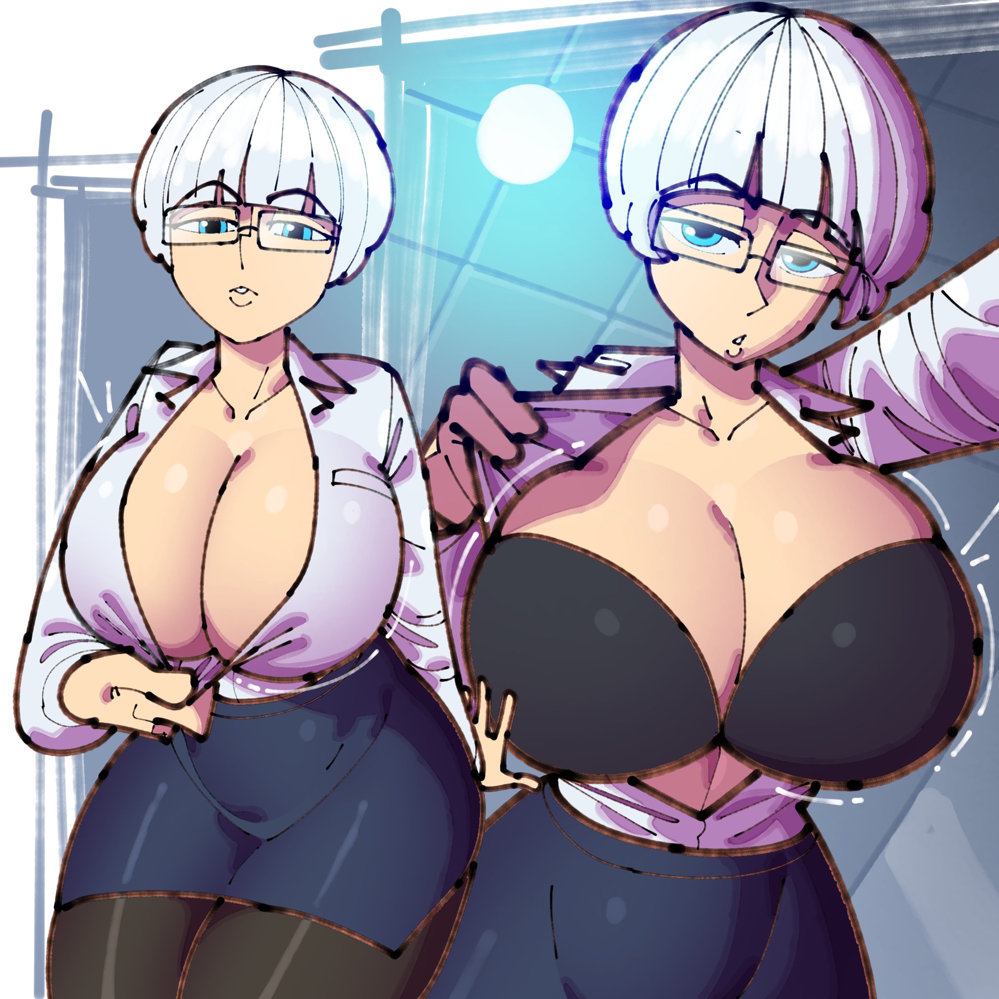 blue eyes, breasts, cleavage, cloudiel, female, glasses, huge breasts, human, large breasts, tagme, white hair