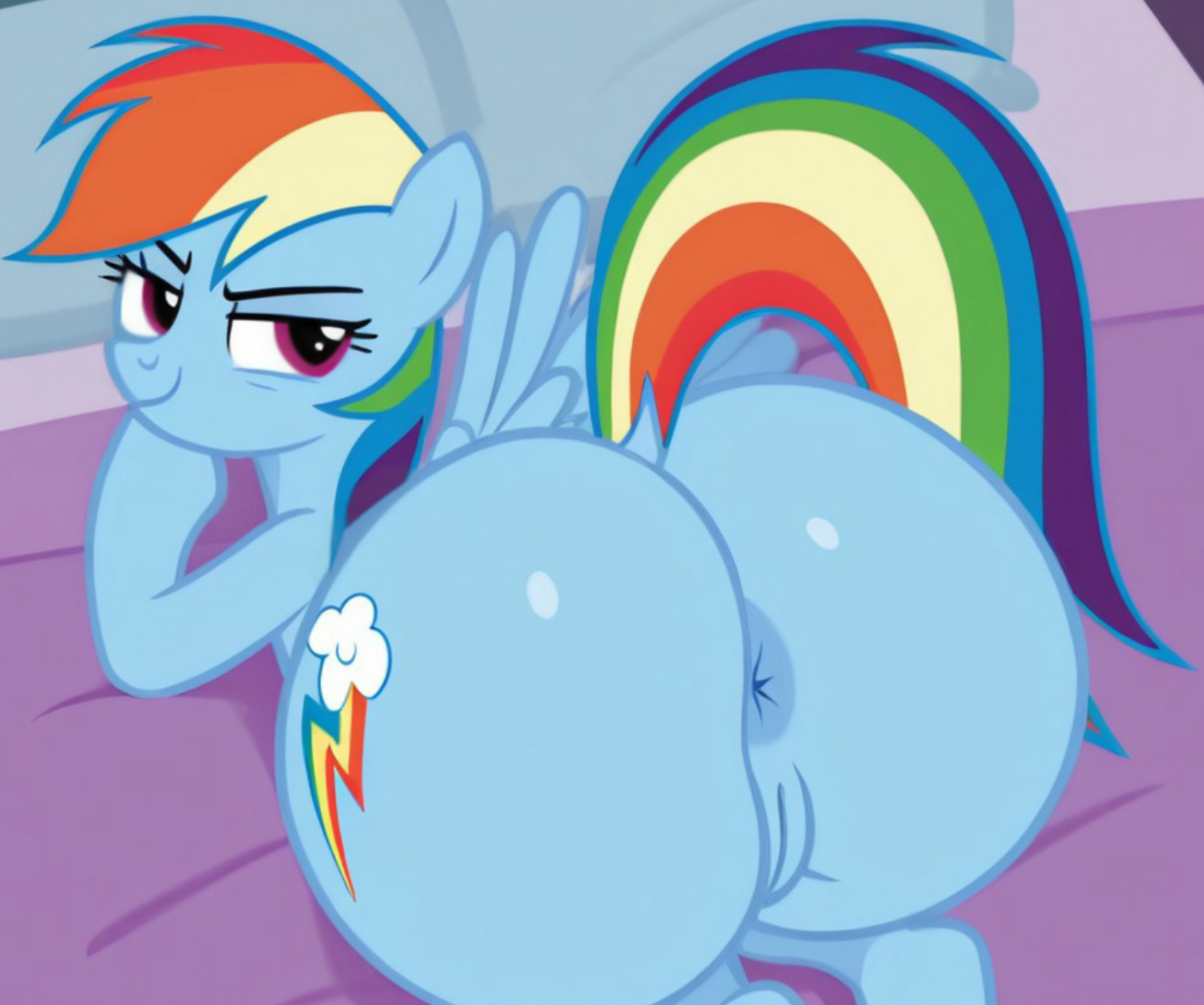 1anthro, 1girls, accurate art style, ai assisted, ai generated, anus, anus close-up, anus focus, ass, ass close-up, ass closeup, ass focus, ass up, ass up face down, ass up high, back focus, back view, bedroom, bedroom background, bedroom setting, black eyelashes, blue anus, blue body, blue pussy, blue skin, butt, butt close-up, butt focus, butt up, butt up face down, civitai, close up, close up ass, close up pussy, close up view, close-up, close-up ass, close-up pussy, closeup, closeup view, coloredbin.ai, cutie mark, eyelashes, female, female anthro, female focus, female only, friendship is magic, high angle, high angle view, hooves, horse ears, horse tail, huge ass, huge butt, indoor nudity, indoors, large ass, large butt, laying down, laying on bed, laying on stomach, looking at viewer, looking back, looking back at viewer, magenta eyes, my little pony, pegasus, pegasus wings, plump ass, plump butt, pony ears, pony girl, pony tail, ponygirl, pussy, pussy close-up, pussy focus, rainbow dash (mlp), rainbow hair, rainbow tail, round ass, round butt, seductive, seductive eyes, seductive gaze, seductive look, seductive smile, short hair, smug, snout, solo, solo anthro, solo female, solo focus, thick ass, thick butt, tomboy, top view, vagina, vagina close-up, vagina focus, visible anus, visible pussy, wings