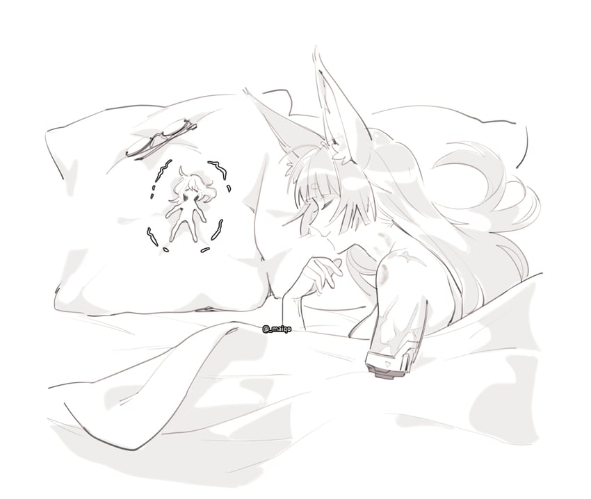 2girls, amputated arm, bite mark, comedy, drained, female, fox ears, fox girl, hoshimi miyabi, lesbian focus, maiqo, monochrome, pillow, scars, sleeping, tsukishiro yanagi, watermark, yuri, zenless zone zero