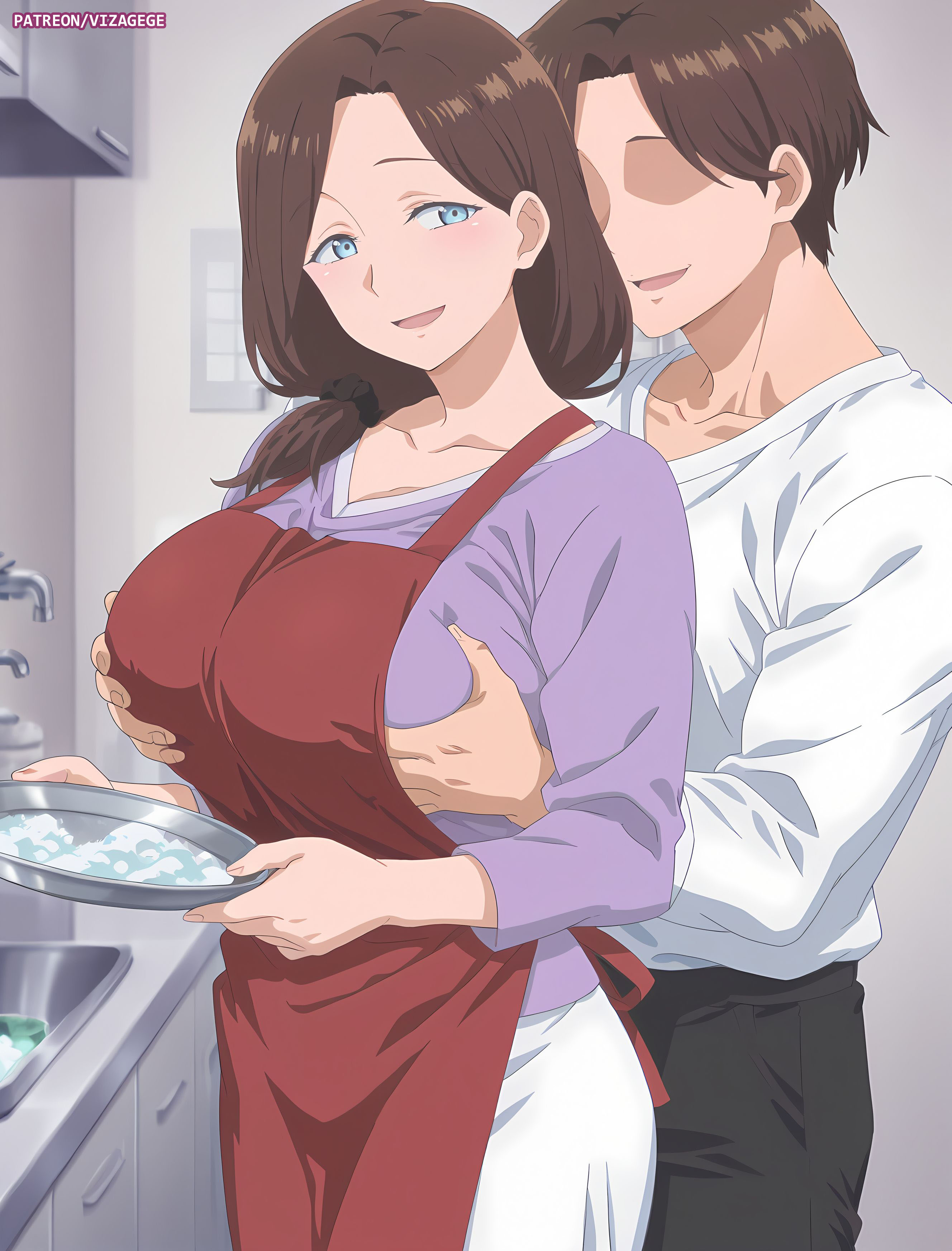 1boy, 1girls, adult and teenager, age difference, ai generated, ai-chan's mother (tawawa), apartment, apron, before sex, big breasts, blush, breasts, busty, cheating, cheating wife, chores, eyeless male, female, female focus, foam, getsuyoubi no tawawa, grabbing breasts, grabbing from behind, groping, groping breasts, hair over shoulder, hair scrunchie, high resolution, holding object, housewife, huge breasts, kitchen, large breasts, long hair, mature, mature female, milf, mother and daughters boyfriend, oppai, plate, ponytail, side ponytail, sink, smile, uncensored, vizagege, voluptuous, voluptuous female, washing, watermark