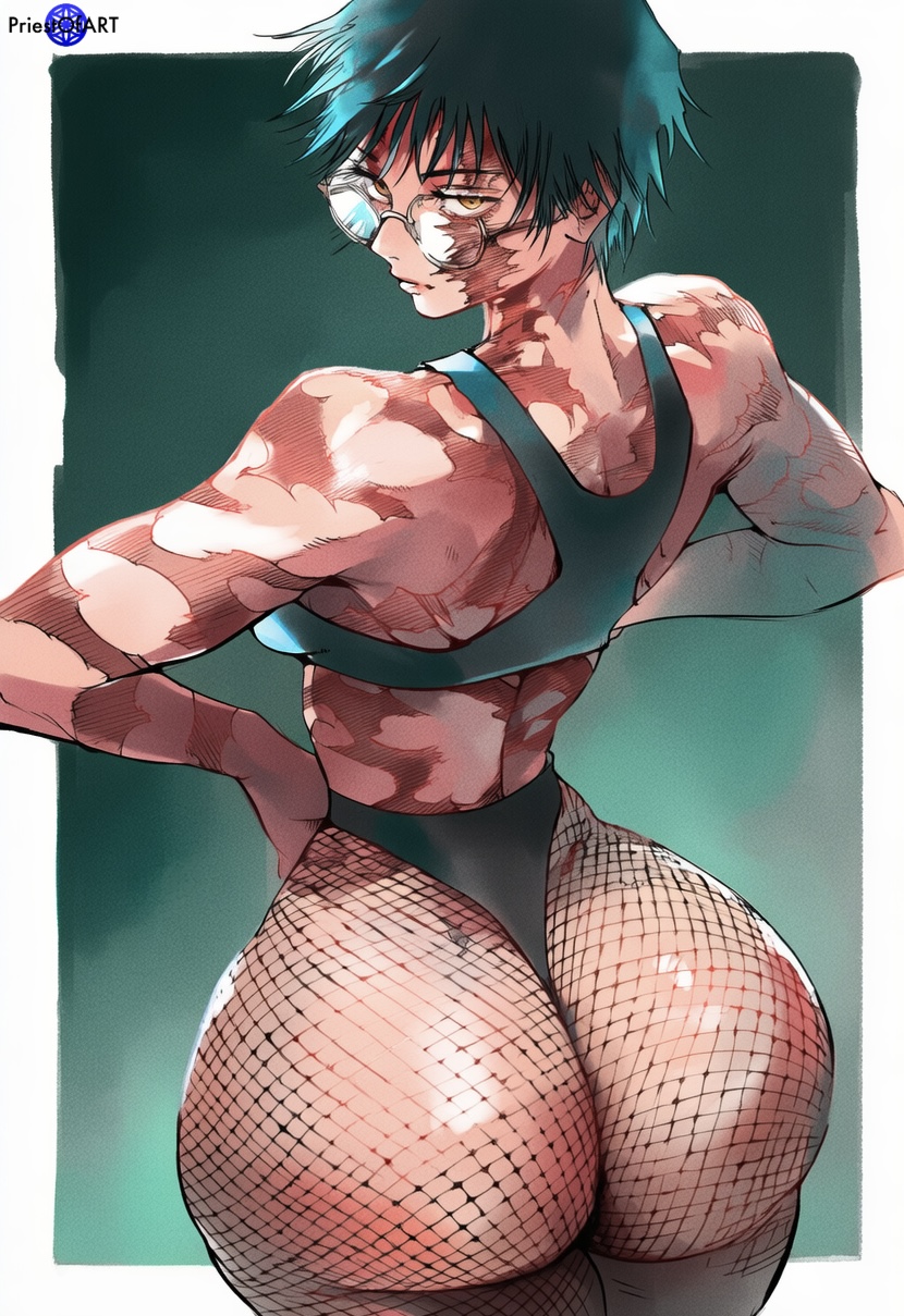 1girls, ai generated, ass, athletic, athletic female, big ass, burn scar, color, female, female only, femaleju, fishnets, from behind, glasses, green background, green hair, huge ass, jujutsu kaisen, looking back, muscular, narrow waist, priestofart, short hair, simple background, solo, solo female, tagme, tagme (artist), tagme (character), thick thighs, watercolour (artwork), watermark, white border, wide hips, yellow eyes, zenin maki