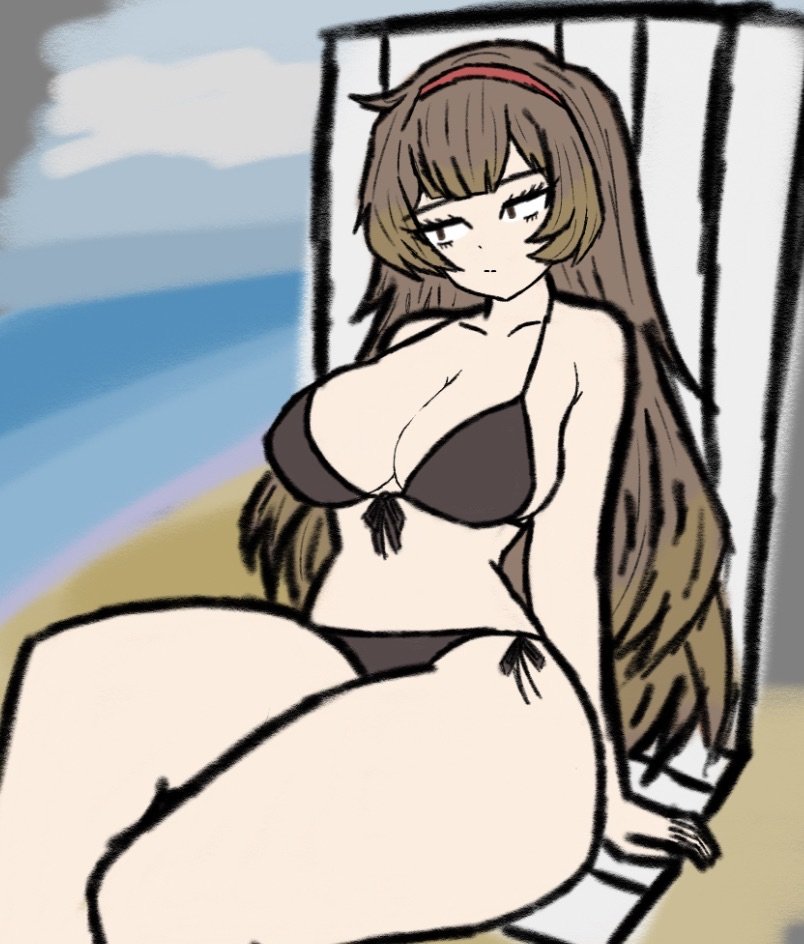 :/, arm at side, ass visible through thighs, averting eyes, beach, beach chair, black bikini, breasts, doodle, gigantic ass, hairband, huge breasts, library of ruina, lobotomy corporation, long hair, looking away, looking to the side, malkuth (lobotomy corporation), project moon, sitting, thick thighs, wide hips