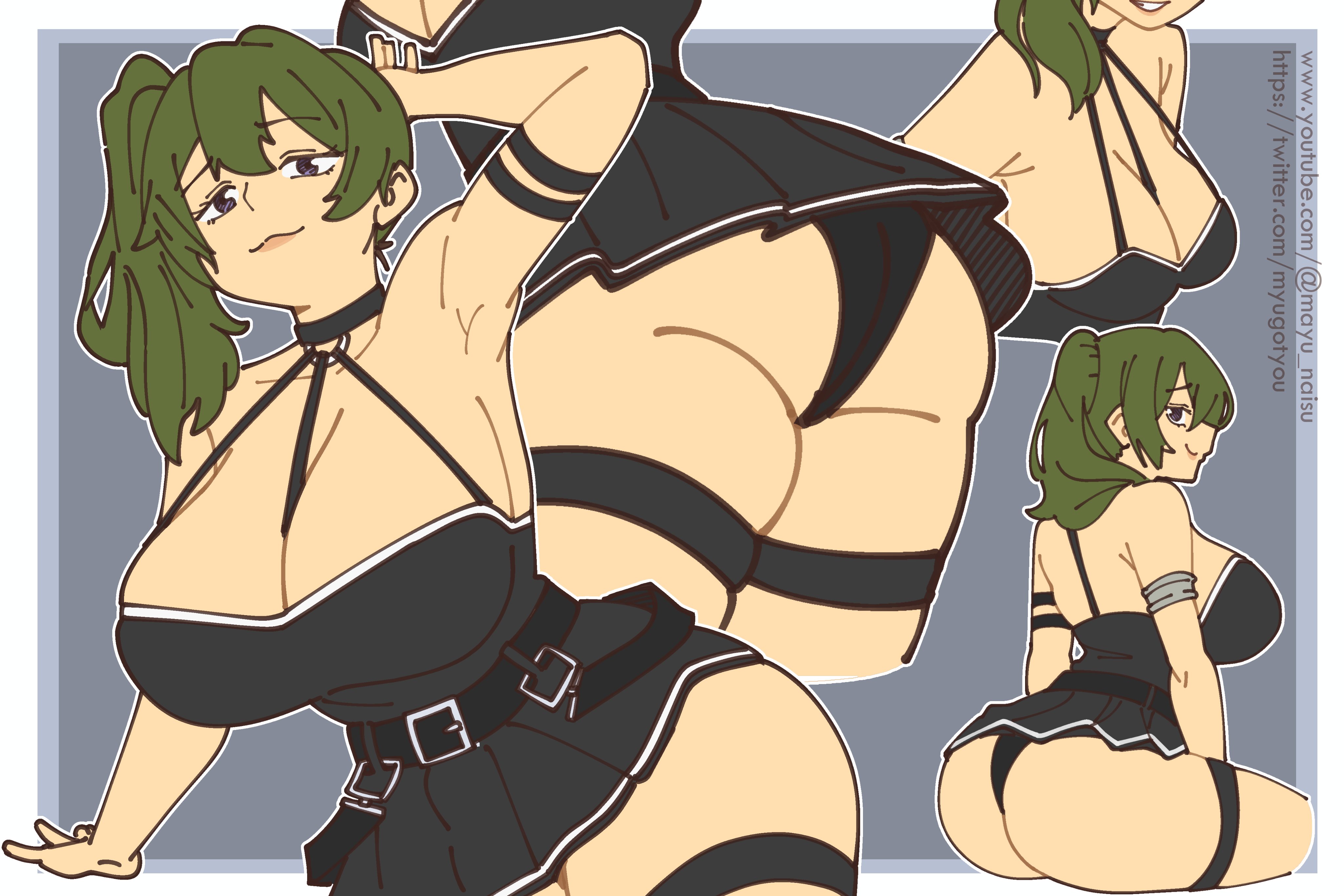 1girls, ass, ass shot, belt, belt buckle, big ass, big breasts, black eyes, black panties, black skirt, breasts, choker, cleavage, clothing, female, female only, green hair, hair, hips, huge ass, huge breasts, looking back, mayu naisu, multiple views, neckwear, panties, pantyshot, ponytail, short skirt, skirt, smile, solo, solo female, sousou no frieren, thick thighs, thigh strap, thighs, tied hair, ubel (sousou no frieren), wide hips