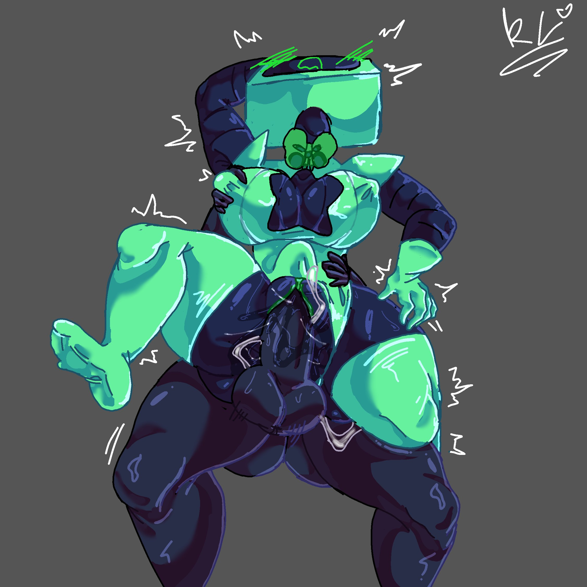 black body, blot (dandy's world), blush, dandy's world, dandys world, female, green body, green bowtie, green clothing, green gloves, hi res, kirstylunchh, male, male/female, movement lines, nipples visible through clothing, pussy, pussy juice, roblox, roblox game, tagme, two tone body, vaginal penetration, vee (dandy's world)
