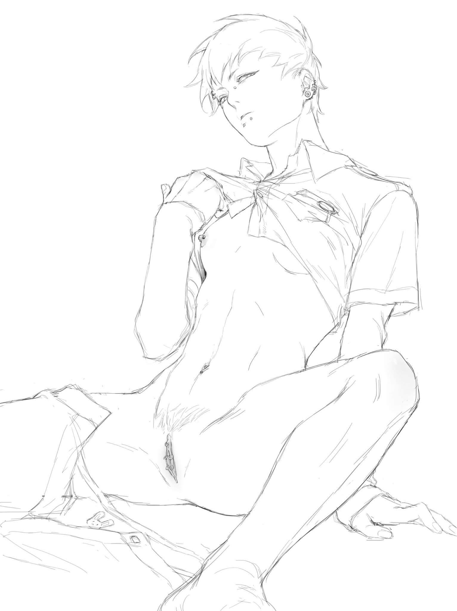 belly piercing, bridge piercing, cuntboy, dramatical murder, ear piercing, intersex, line art, nipple piercing, nipples, noiz (dramatical murder), panties, pants, pants around one leg, partially clothed, piercing, pubes, pubic hair, pussy, pussy piercing, snow area, tagme
