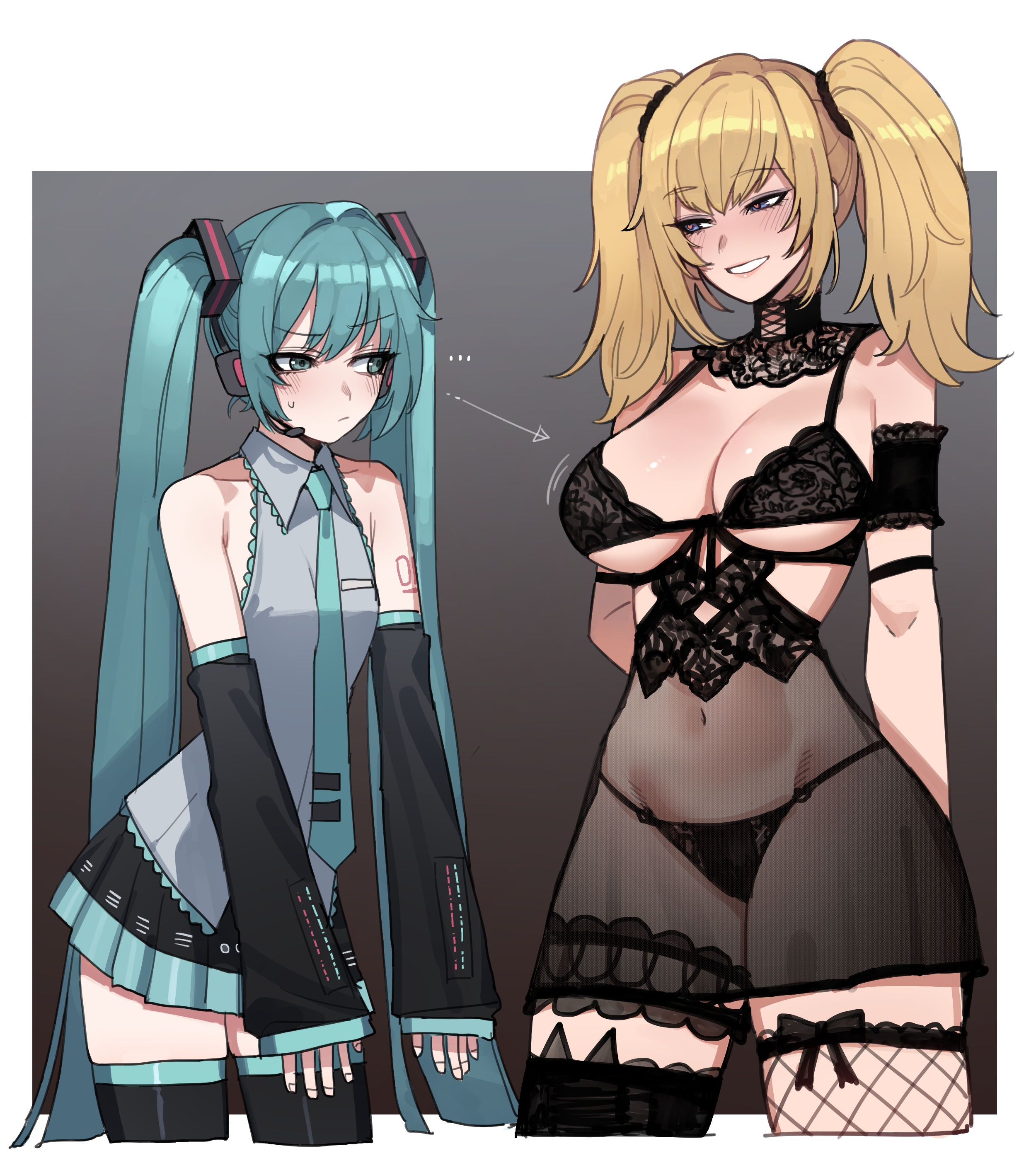..., 2girls, ani (twitter), aqua eyes, aqua hair, bare shoulders, big breasts, black bra, black panties, blonde hair, blue eyes, blue hair, blush, bra, breast envy, breast size difference, breasts, busty, busty female, cleavage, clothed, clothing, crossover, detached sleeves, female, female focus, female only, fishnets, flat chest, goth, goth girl, grin, grok (x), hatsune miku, headset, heart-shaped pupils, hourglass figure, huge breasts, large breasts, light skin, light-skinned female, lingerie, long hair, looking at breasts, multiple girls, navel, necktie, panties, petite, ratatatat74, see-through, see-through clothing, size difference, skirt, slim waist, small breasts, smile, standing, stockings, thighhighs, thighs, twintails, twitter, underwear, veil, very long hair, vocaloid, voluptuous, voluptuous female