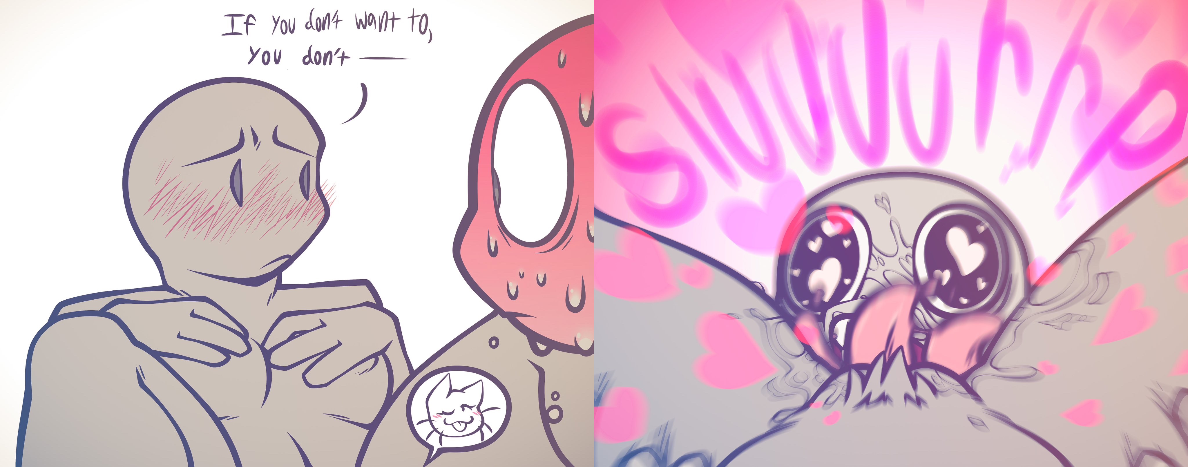 2020s, 2025, anon, anonymous, blush, blush lines, cunnilingus, dialogue, eating out, eating pussy, embarrassed, female, grey body, heart, heart eyes, if it's too much you don't (meme), licking pussy, maximum overdrive, meme, mini comic, motion blur, pussy, quirky fred, shitpost, sound effects, text, wet pussy, wholesome