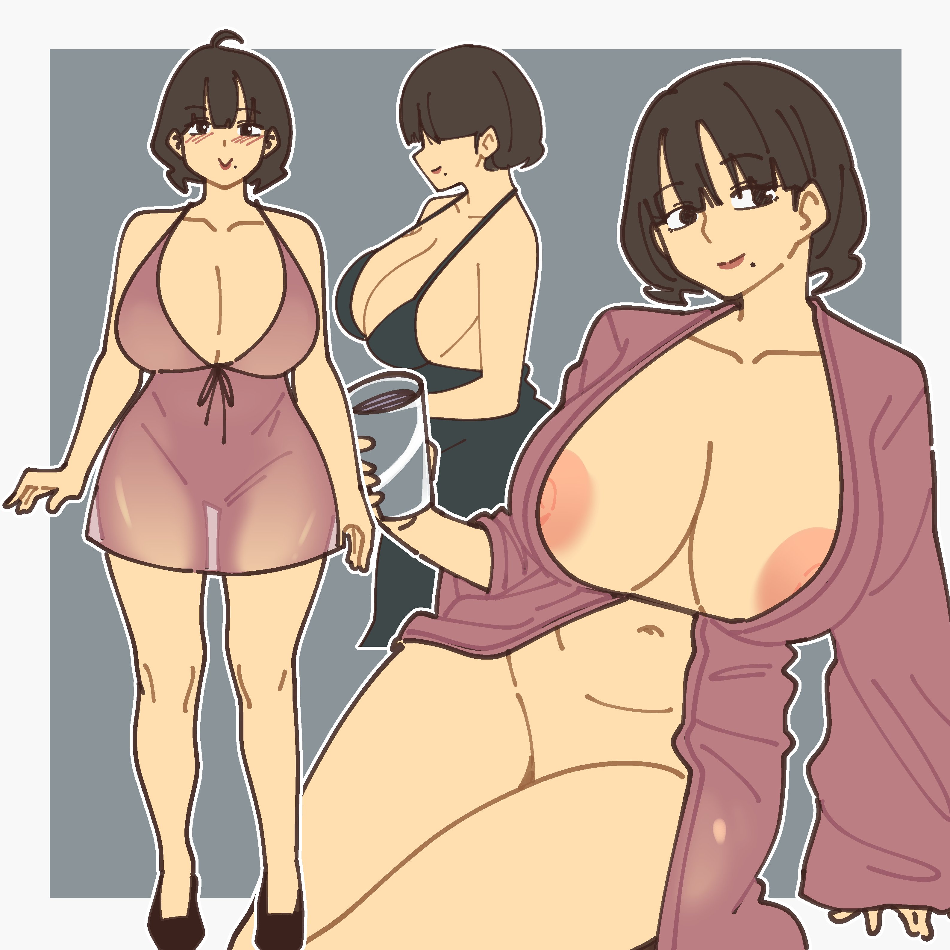 1girls, areola slip, areolae, big breasts, black dress, black eyes, blush, bottomless, breasts, brown hair, cleavage, closed eyes, clothing, dress, drink, female, female only, full body, hair, holding drink, huge breasts, legs, lips, mature, mature female, mature woman, mayu naisu, milf, mole, mole under mouth, mother, multiple views, nightgown, original, short hair, side view, sideboob, smile, solo, solo female, thighs, topless