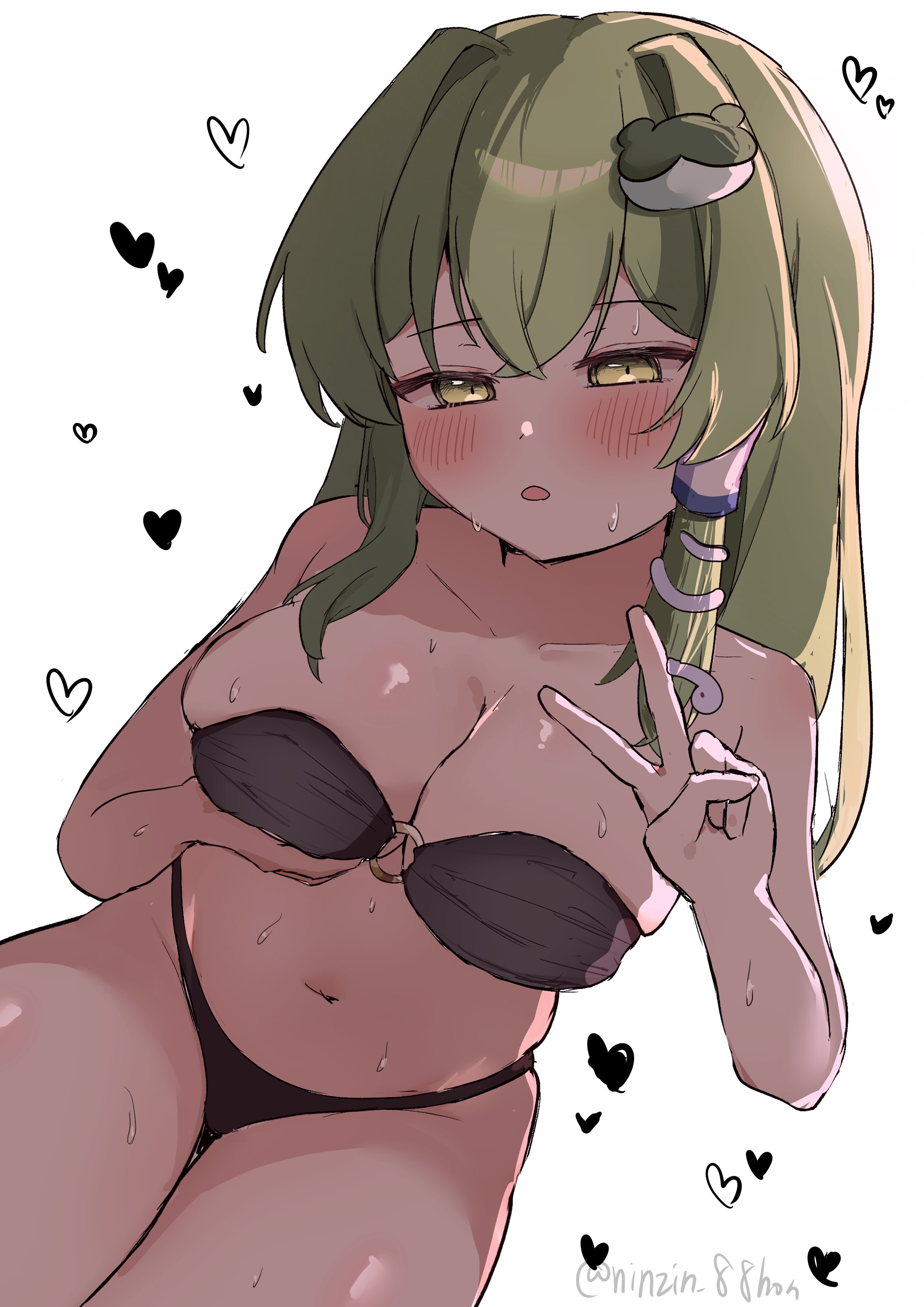 arm under breasts, aroused, bikini, black bikini, blush, breast lift, breasts, constricted pupils, dutch angle, female, half-closed eyes, heart, horny, horny female, in heat, large breasts, ninzin 88hon, sanae kochiya, signature, sweat, sweaty, thighs, touhou, twitter username, v