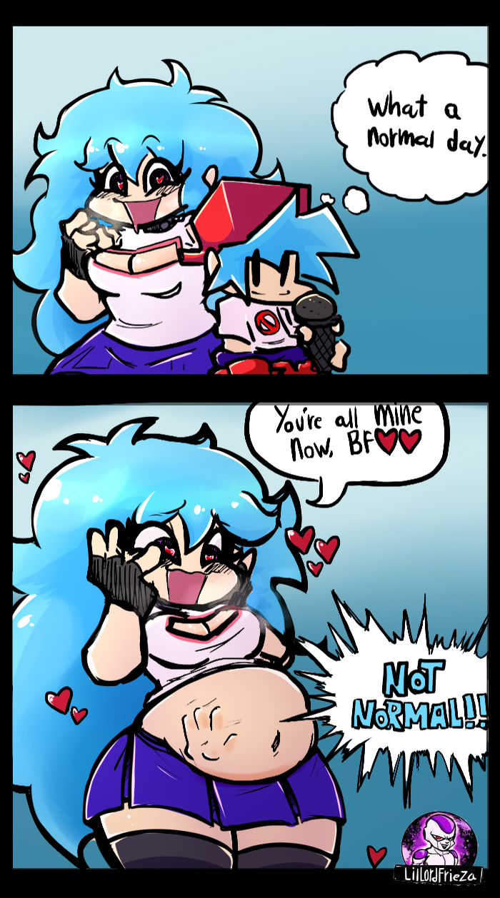 belly, blue hair, blush, boyfriend (friday night funkin), choker, chubby, chubby female, color edit, colored, colored edit, edit, edited, edited art, female, female pred, fingerless gloves, friday night funkin, friday night funkin mod, gloves, hands on cheeks, hands on face, heart symbol, heart-shaped pupils, hearts around head, larger female, lillordfrieza, male, male prey, purple eyes, size difference, skyblue, skyblue (friday night funkin), skyverse, smaller male, stomach, stomach bulge, stomach deformation, struggling, struggling prey, thick, thick thighs, thighs, vore, vore belly