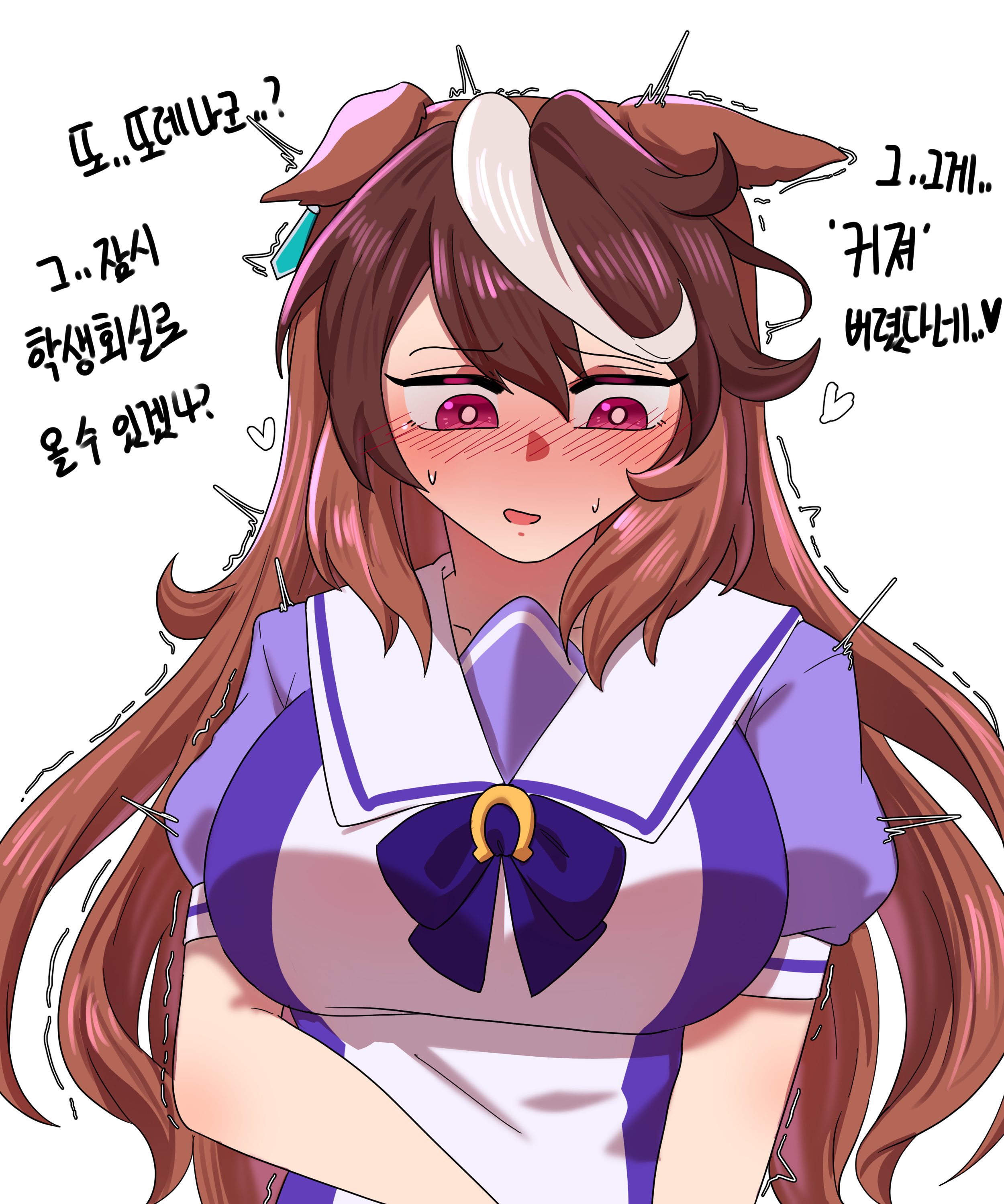 1girls, blush, breasts, brown hair, female, female masturbation, horse girl, joeneko26, large breasts, long hair, masturbation, pink eyes, short sleeves, simple background, solo, solo female, solo focus, sweat, symboli rudolf (umamusume), translation request, umamusume, white background