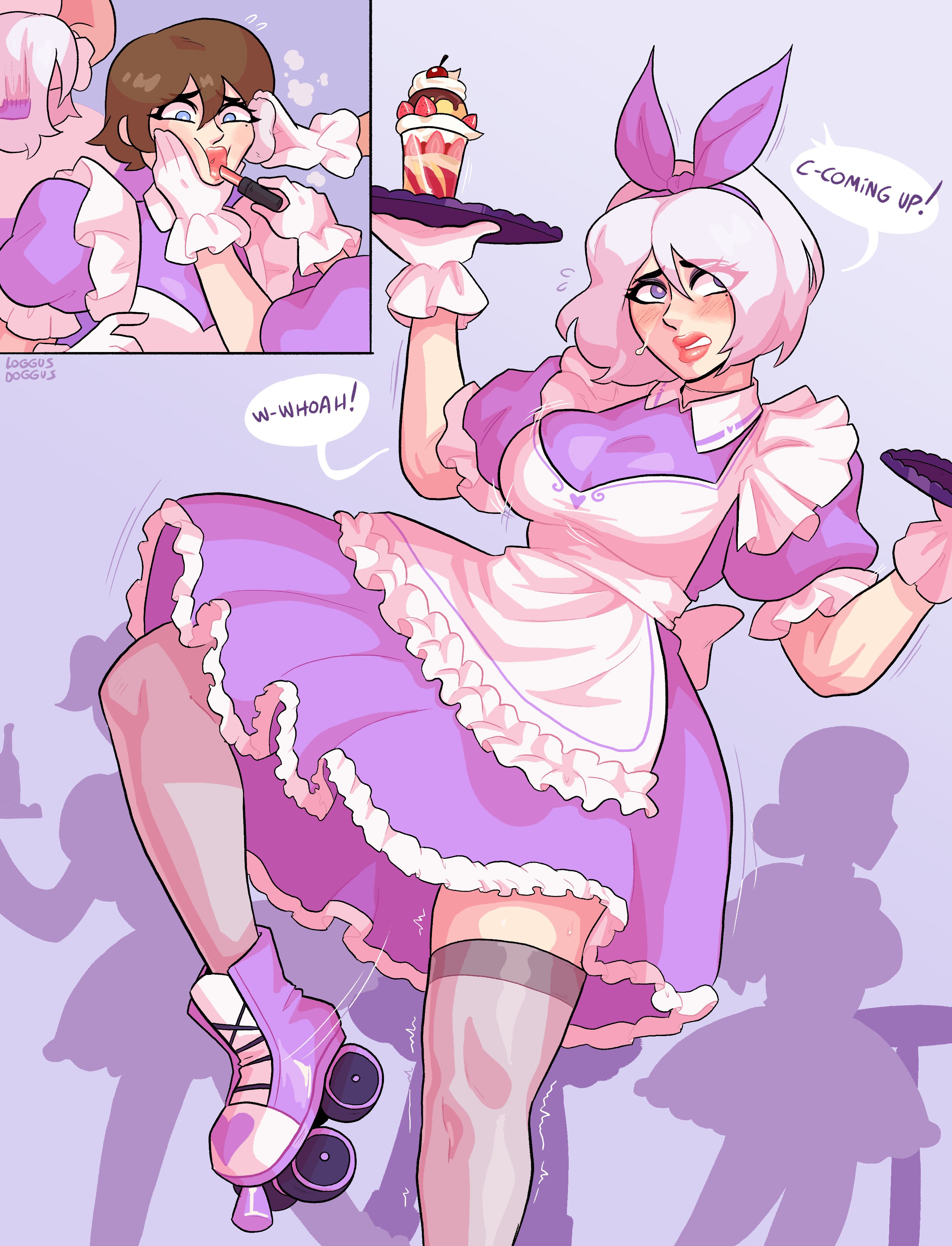 1boy, blue eyes, blush, brown hair, commission, crossdressing, gay, girly, hair ribbon, loggus doggus, maid, maid uniform, male, male only, red lipstick, roller skates, sissy, solo, stockings, tray, very high resolution, waitress, white hair