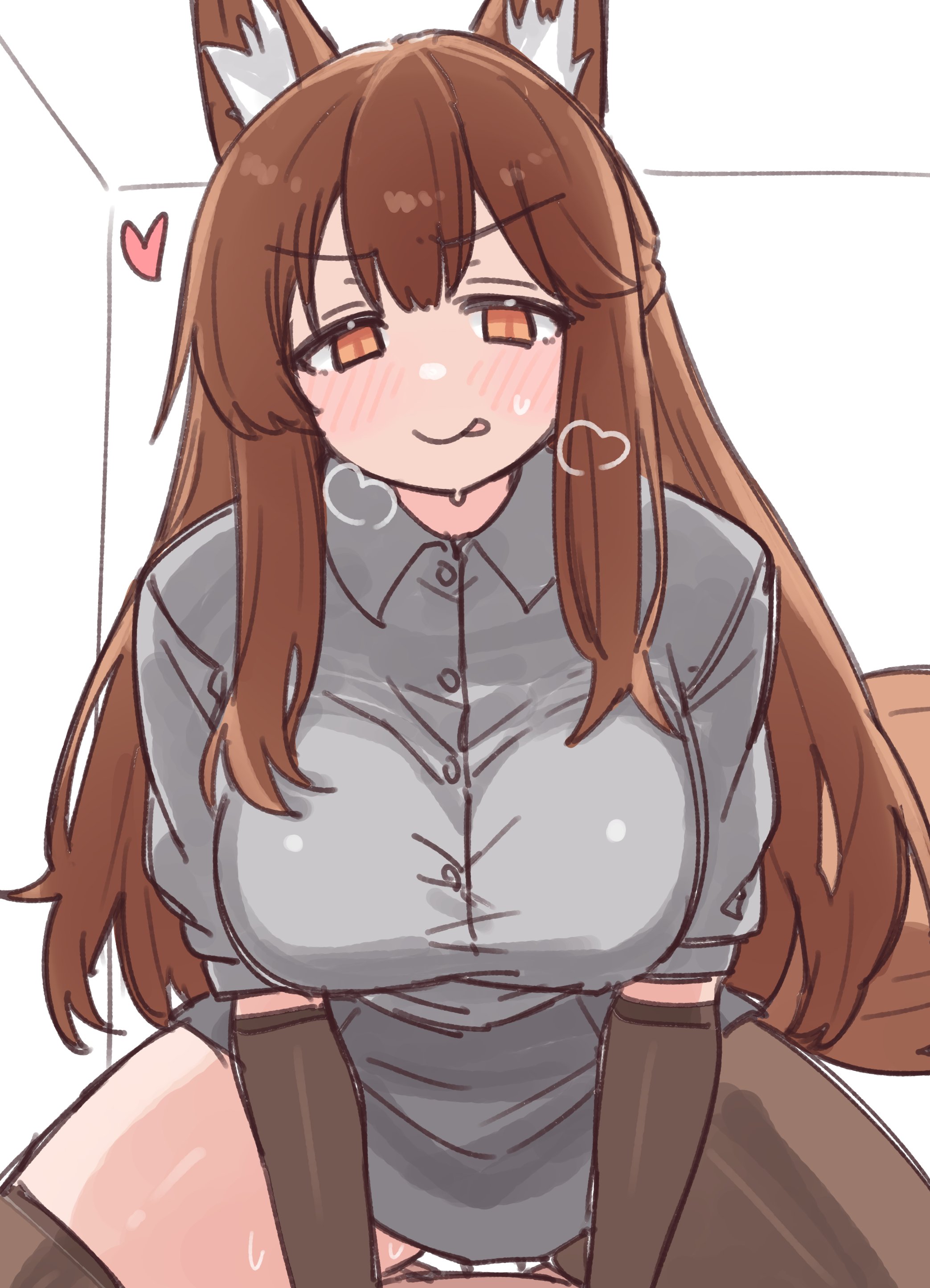animal ears, arknights, female, female on top, franka (arknights), licking lips, nikukabe, sitting on person