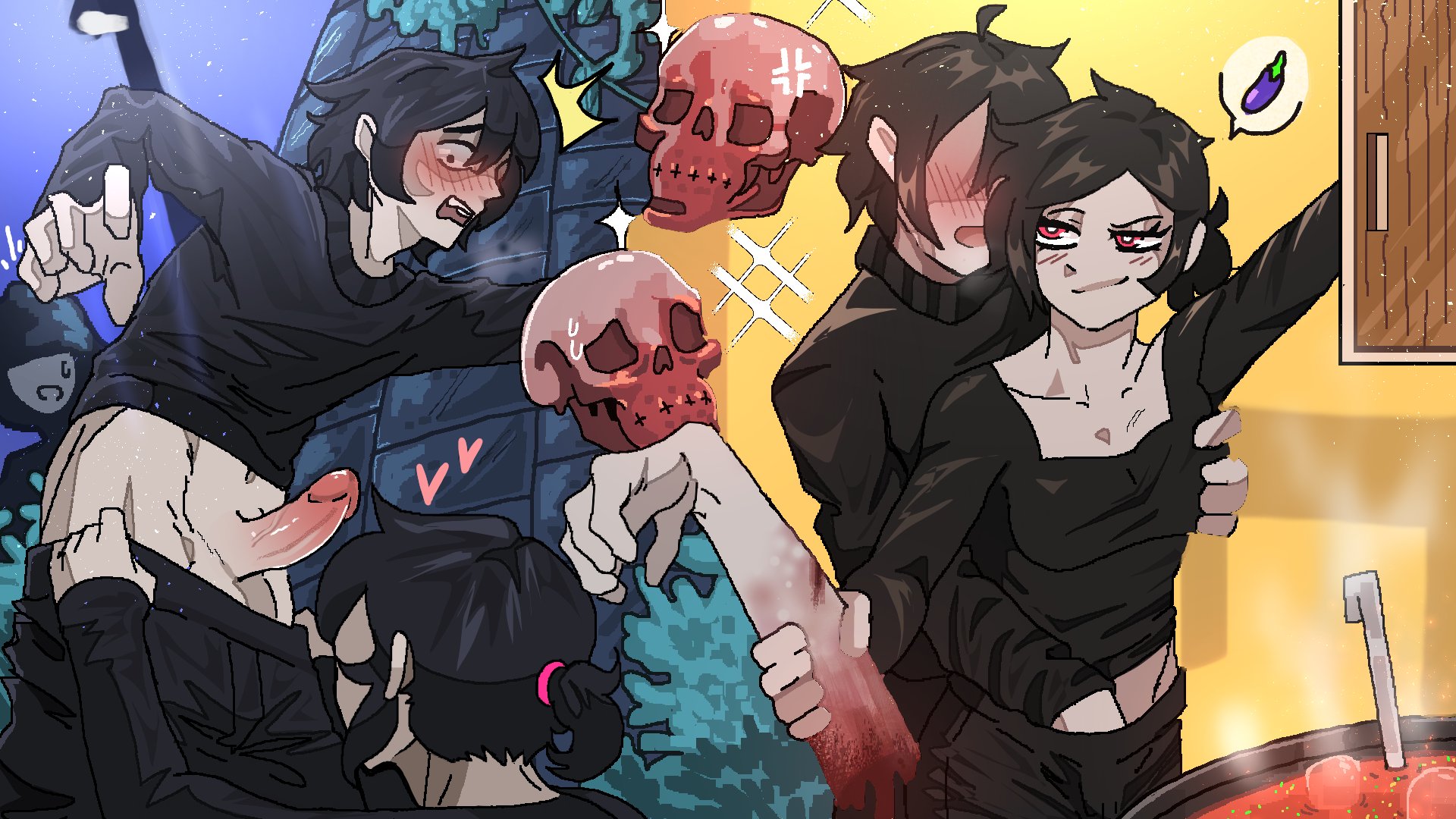 1girls, 2boys, 2d, andrew graves, arm, ashley graves, black hair, blush, breasts, brother and sister, caught, clothed, female, gore, groping, groping breast, groping from behind, hand in pants, incest, male, outdoors, pants down, penis, pink eyes, ponytail, pulling down pants, red eyes, siblings, the coffin of andy and leyley, xlonkx