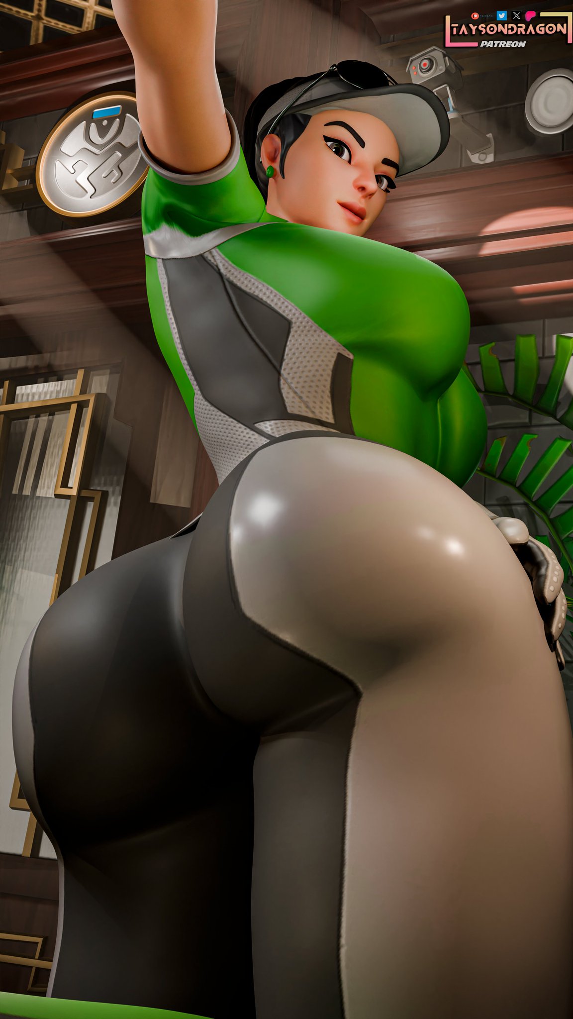 ass, ass focus, big ass, big breasts, black body, breasts, dressed, female, female only, fortnite, fortnite: battle royale, grass, green skin, light skin, light-skinned female, par patroller (fortnite), taysondragon