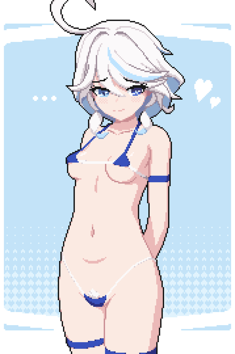 ass, big ass, big breasts, big butt, big thighs, big titties, bikini, breasts, curvaceous, curvaceous female, curvaceous figure, curvy, curvy figure, curvy hips, female, female focus, female only, furina (genshin impact), genshin impact, pixel art, pubic hair, seiko093, short hair, white hair